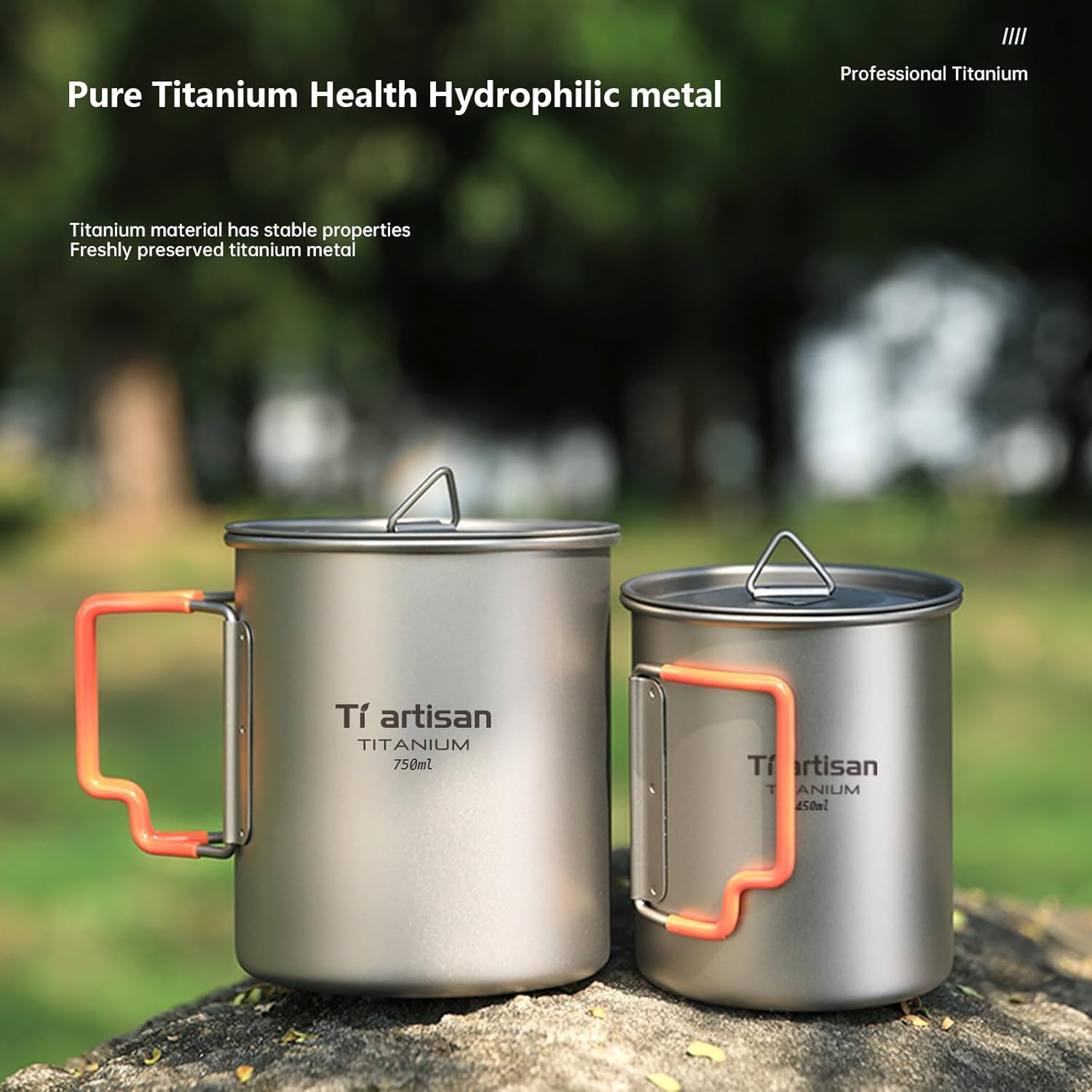 Ti Artisan Titanium Cup Camping Pot Portable Ultralight Coffee Mug 450ML/750ML Water with Foldable Handles and Lid for Outdoor Camping Hiking Backpacking (750ML) image number 5