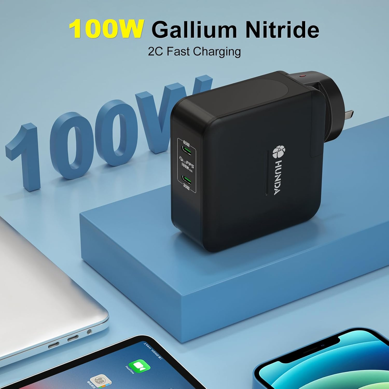 100W USB C Gan Charger,Hunda 2-Port Fast Wall Charger AU Plug Compatible with Macbook Pro/Air, Iphone 15/14/13/12/11 Pro, Dell Xps,Chromebook,Samsung Galaxy S23 Ultra,Pixel 7 Pro and All USB C Devices image number 4