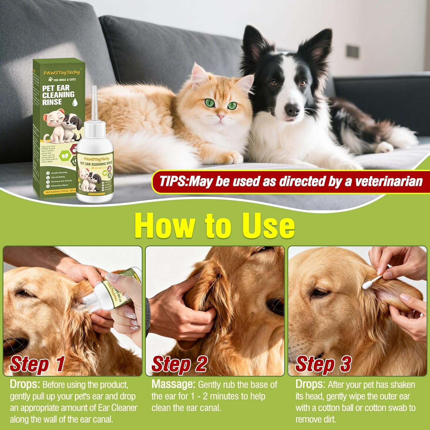 Pet Ear Cleaner Drops for Dogs & Cats - 4 Oz Long Soft Tube Ear Cleaner for Pets, Gentle Ear Cleaning Solution for Deodorizing & Wax Removal, Relieves Itching, Safe for Pets & Humans