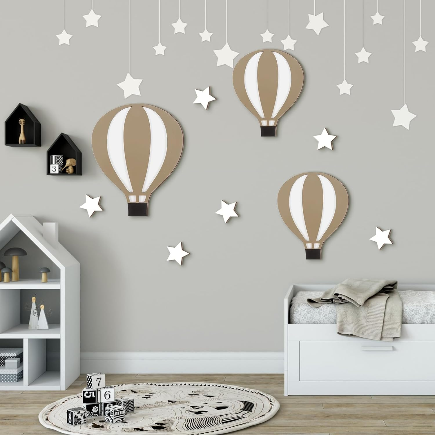 Soaoo 9 Pcs Hot Air Balloon Decorations Nursery Wall Decor Boho Wooden Sign Baby Shower Decorations for Bedroom Classroom Playroom Wall Art image number 1