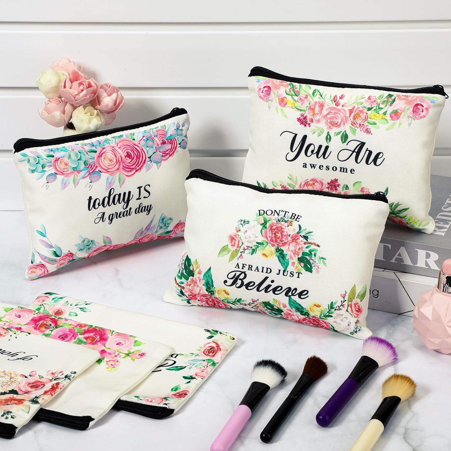 Pinkunn 16 Pcs Valentines Canvas Makeup Bags Bulk Inspirational Christian Women Religious Galentine Gifts Inspirational Bible Verse Pencil Pouch Makeup Bags with Zipper for Travel, as Shown in Picture image number 4