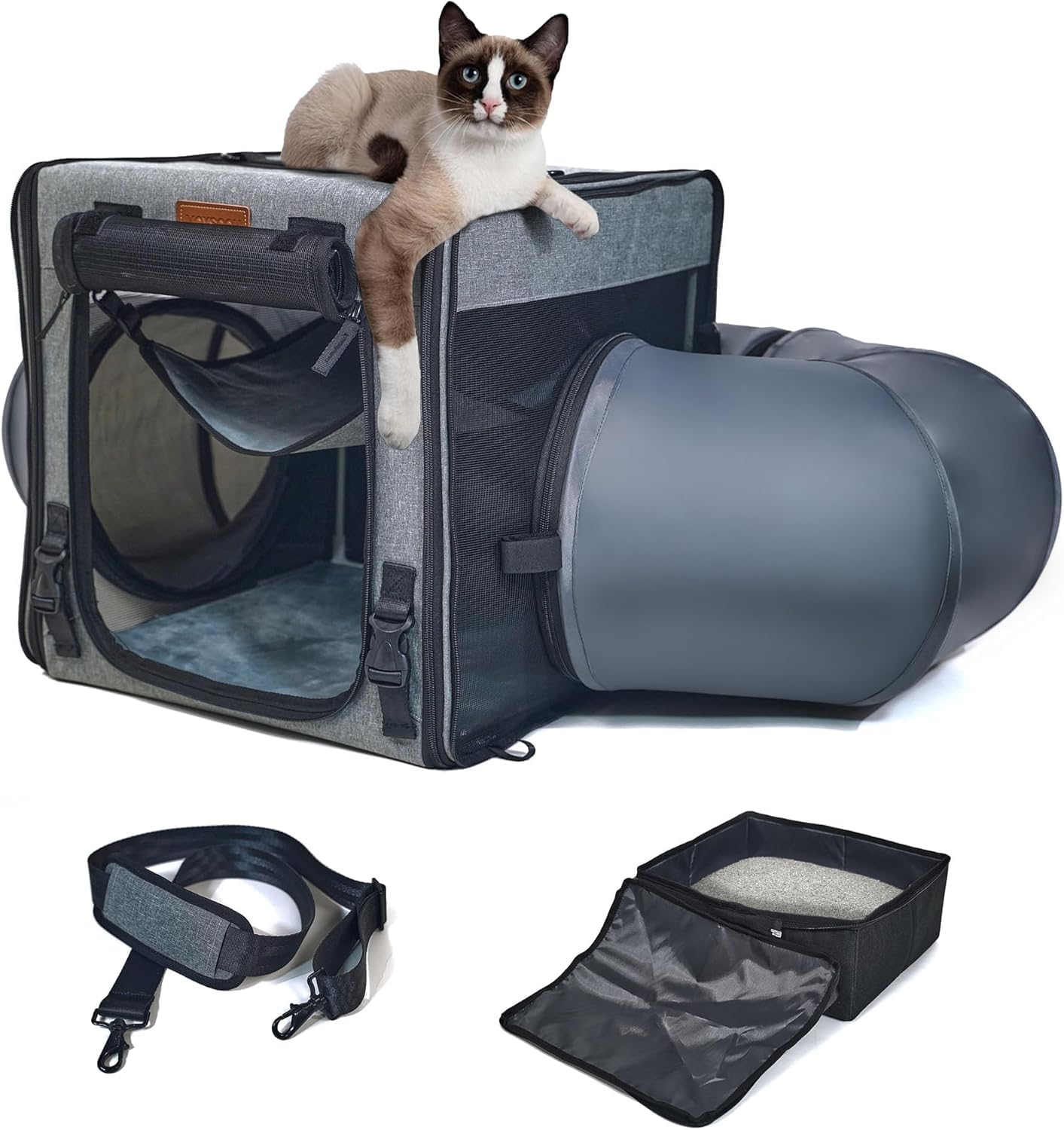 Cat Travel Carrier with Litter Box, Portable Single Cat Carrier, Soft Foldable Design with Shoulder Strap, Hammock & Cushion, Small Size, Grey image number 4