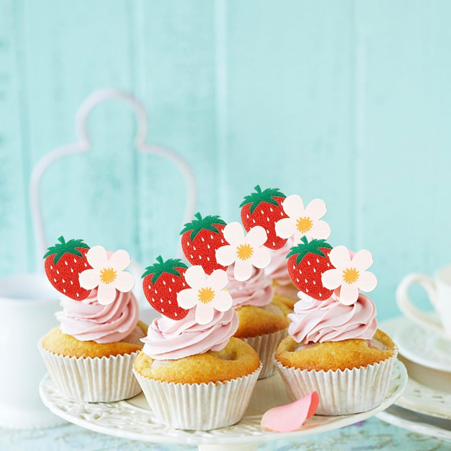 SYKYCTCY 60 Pack Edible Strawberry Cupcake Toppers Strawberry Flower Birthday Cake Decorations Edible Berry Bridal Engagement Cupcake Picks for Baby Shower Wedding Anniversary Party Supplies (#1) image number 4
