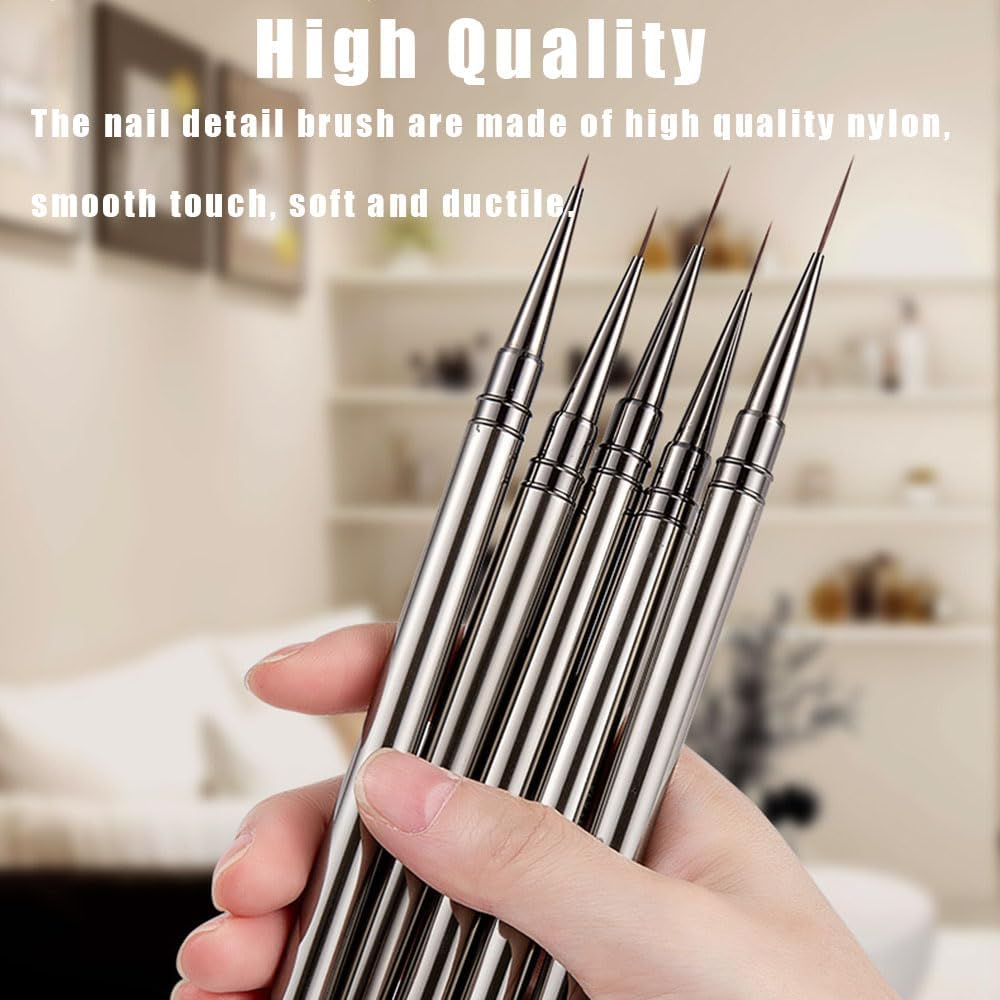 Yakamoz Nail Art Brushes Set, 5PCS Nail Art Liner Brushes 6/9/12/15/18Mm Thin Line Nail Brushes Detail Drawing, Painting Art Design Brush Set for Striping Long Lines Gel Polish image number 1