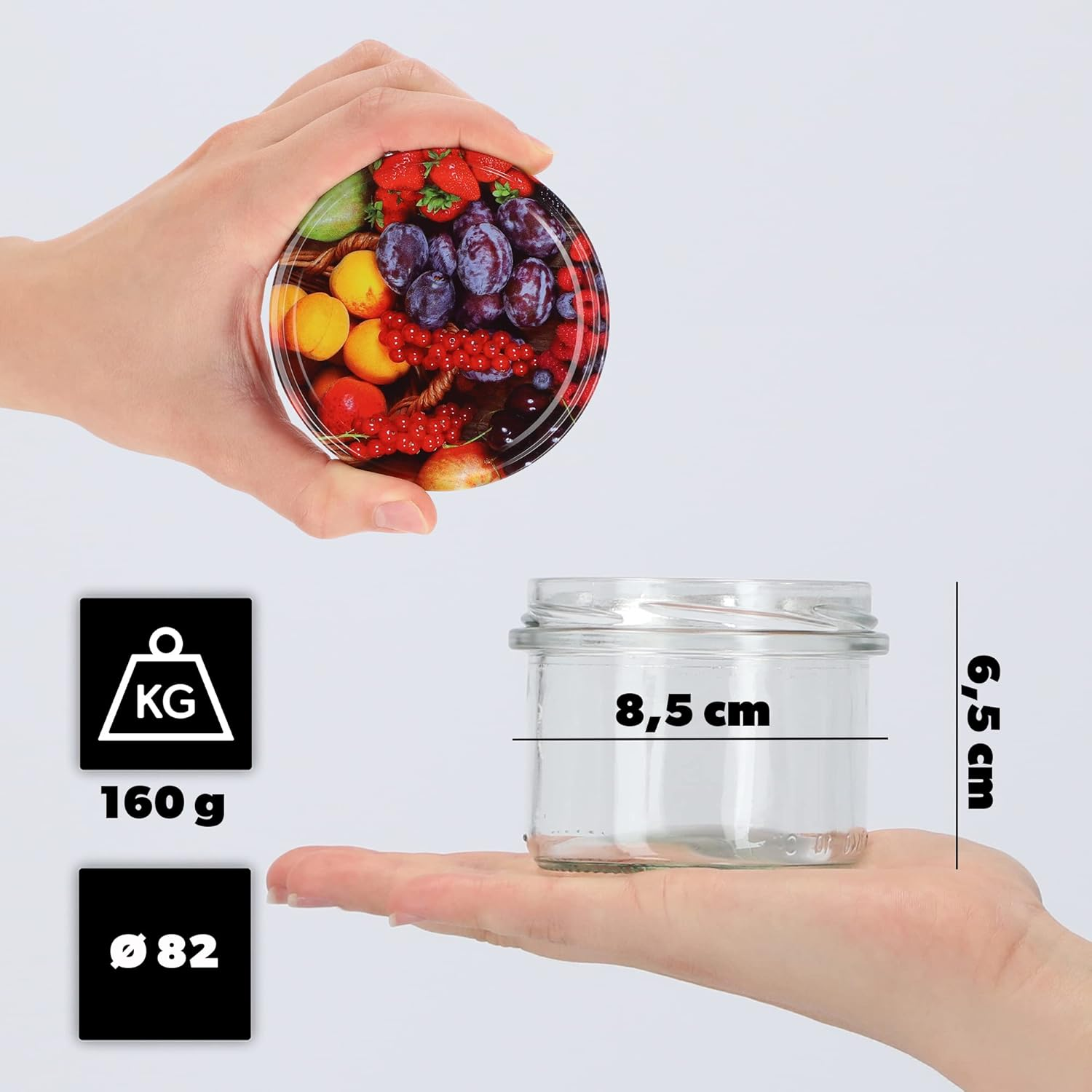 KADAX Glass Jars 235 Ml, Small Preserving Jars with Metal Lids for Homemade Jam, Marmalade and Honey, Jars for Storing Spices and Herbs (Fruits, Set of 10) image number 5