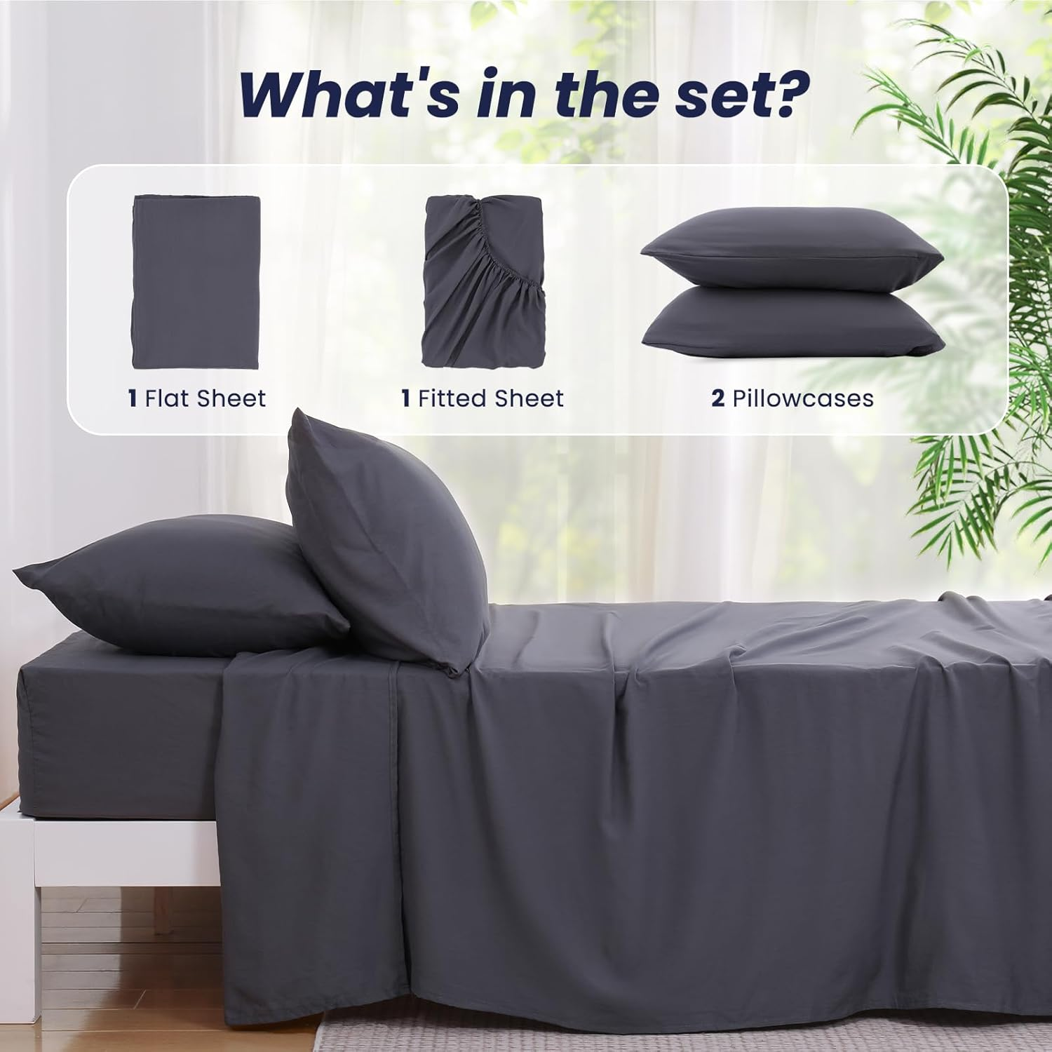 Elegear Bedding Queen Sheet Set &ndash; 4 Piece Bed Sheets for Queen Size Bed, Soft and Breathable Microfiber, Includes 1 Fitted Sheet, 1 Flat Sheet and 2 Pillowcases (Dark Grey)