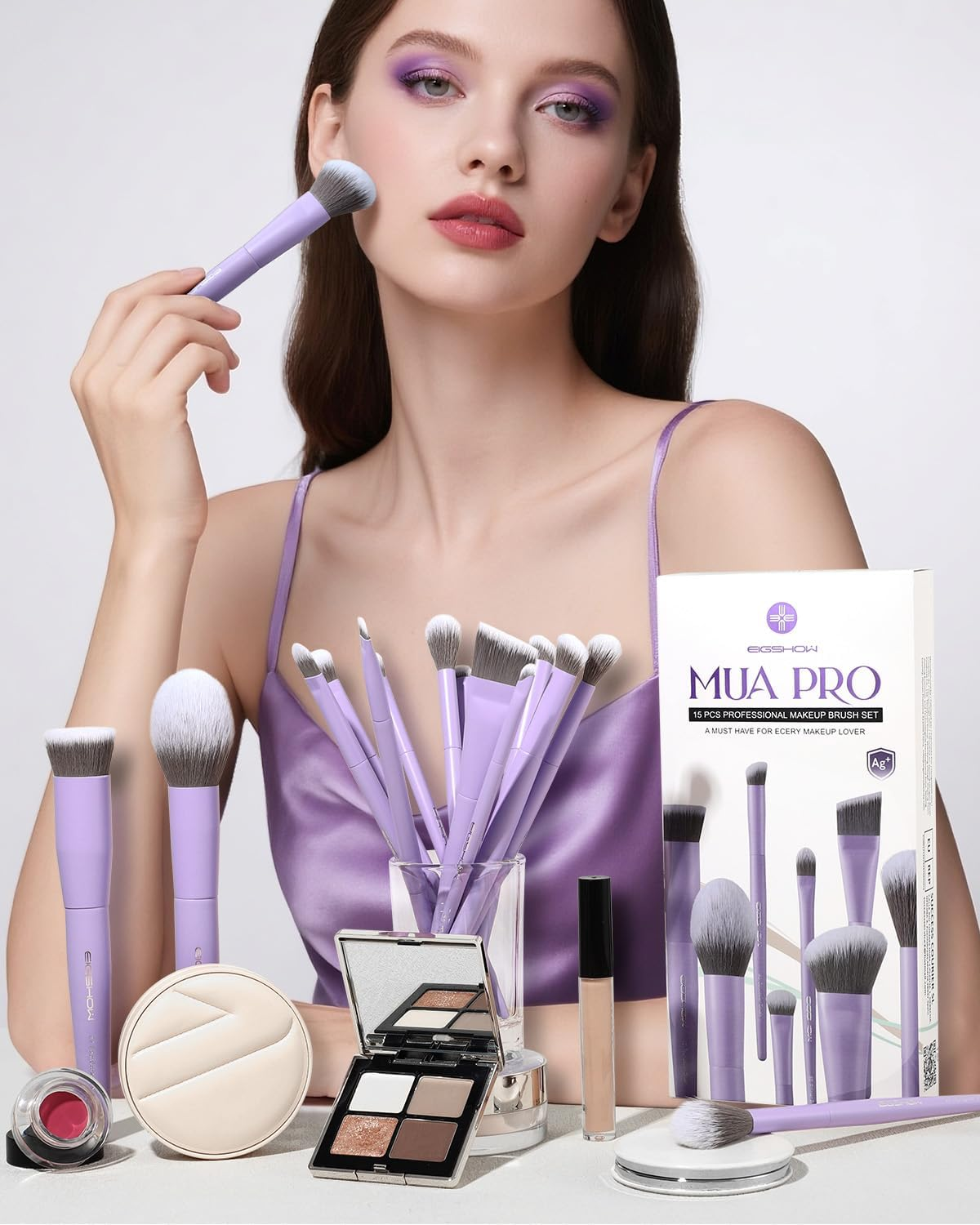 EIGSHOW Makeup Brushes Set, 15Pcs Professional Make up Brush with Silver Ion Bristles for Foundation Powder Blush Highlighter Concealer Eyeshadow Eyeliner, Travel Gift Set (Matte Purple)