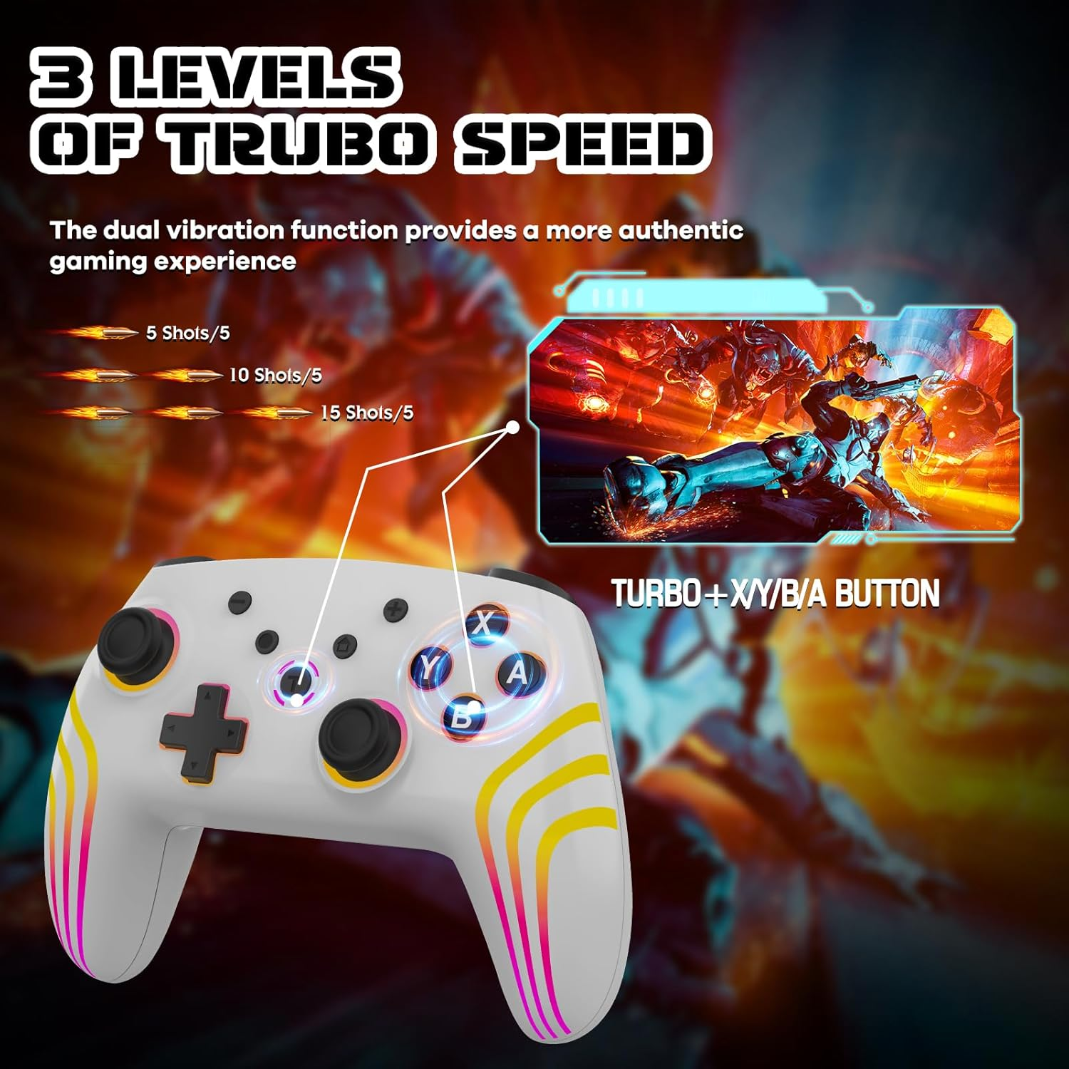 Wireless Controller for Switch/Switch 2/Lite/Oled/Pc, Gamepad with 7 Color Changing RGB Lighting/Dual Vibration/6 Axis Gyroscope/Turbo, White image number 6