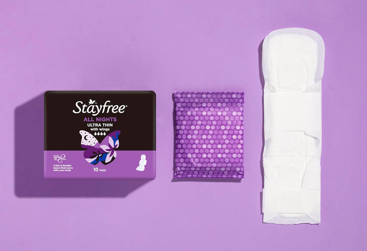 Stayfree Ultra Thin All Nights Pads with Wings 10 Pack | Extra Length & Width to Help Sleep Better |Neutralises Odour|Cottony-Soft Quilted Cover| Keeps Dry and Comfortable image number 3