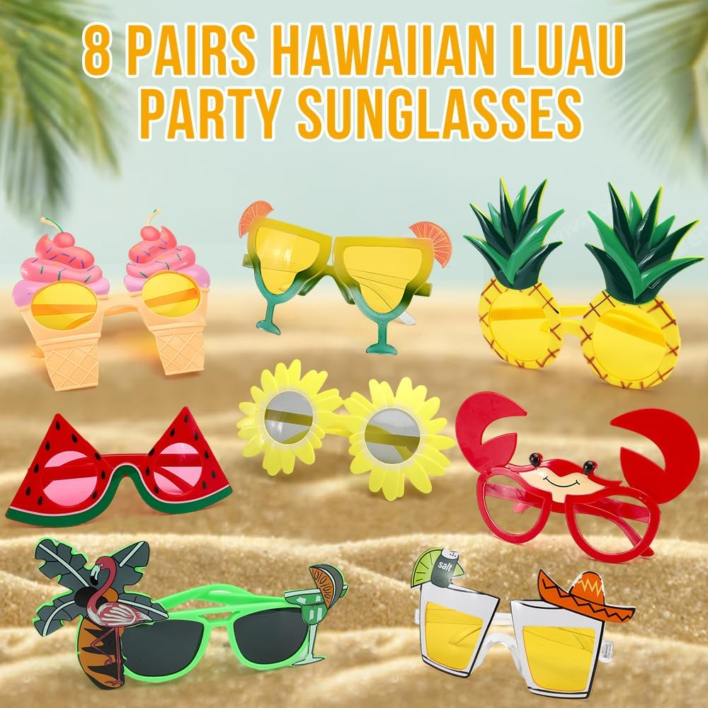 AUTOWT 8PCS Hawaiian Luau Party Glasses, Funny Summer Hawaiian Beach Party Photo Booth Props Kits with Different Shapes for Pool Aloha Party Supplies