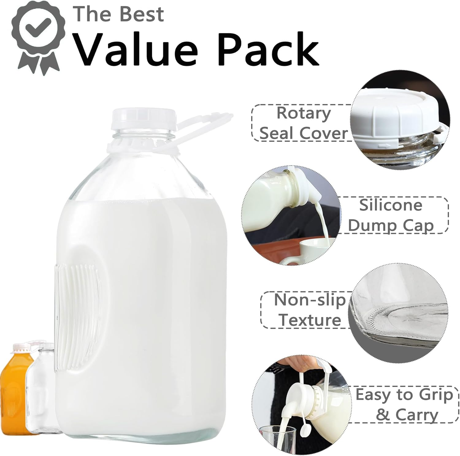 64Oz/2L Glass Milk Bottle with Dispenser Cap, 2 Pack Glass Juice Bottles - 2 Airtight Screw Lid & 2 Silicone Sealing Gaskets & 2 Carry Handles, Jug Pitcher, Water, Syrup, Honey, Buttermilk (64Oz) image number 4