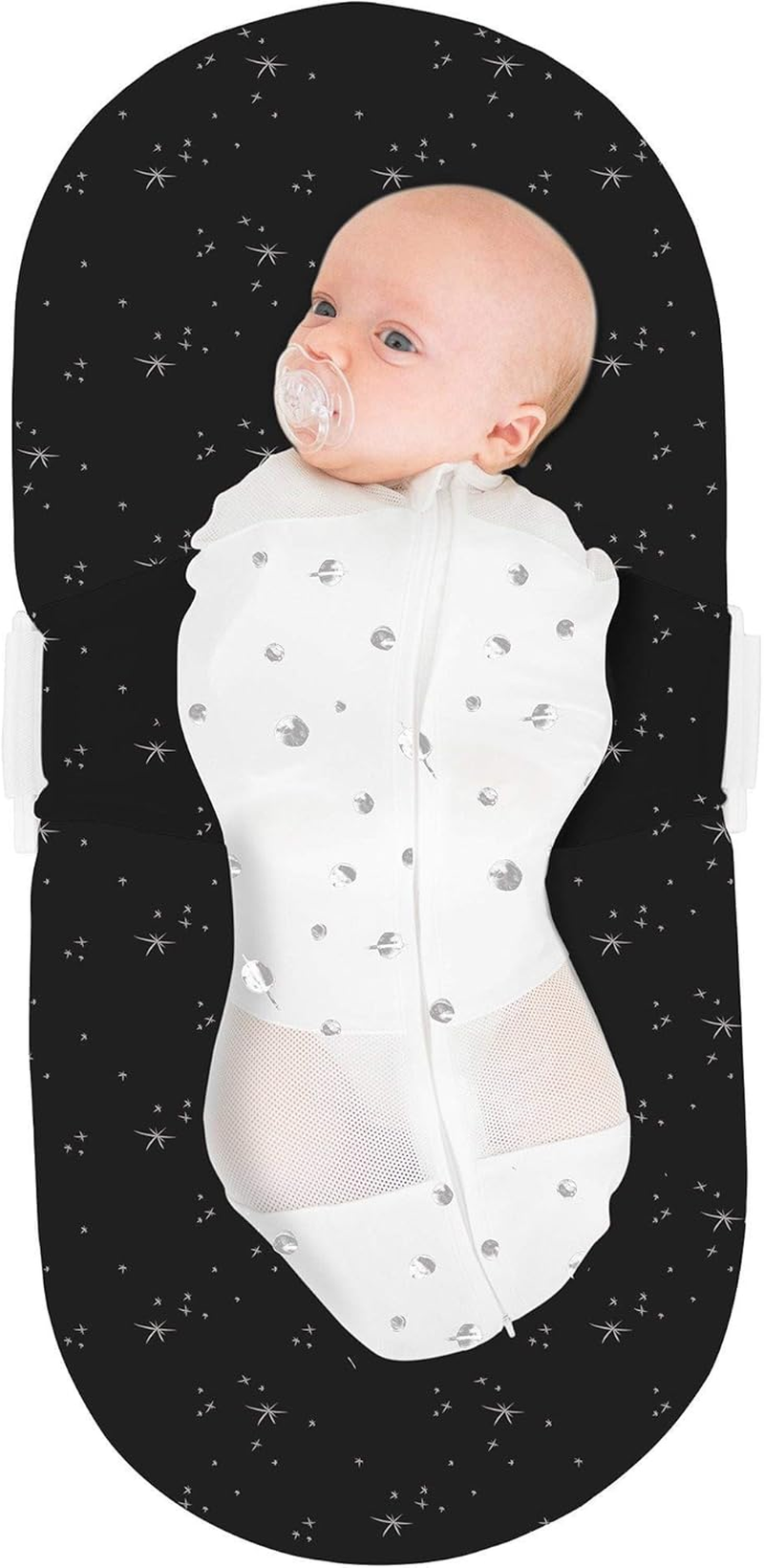 Happiest Baby SNOO Sleep Sack - 100% Organic Cotton Baby Swaddle Blanket - Doctor Designed Promotes Healthy Hip Development (Ivory Planets Black Wings, Small) image number 2