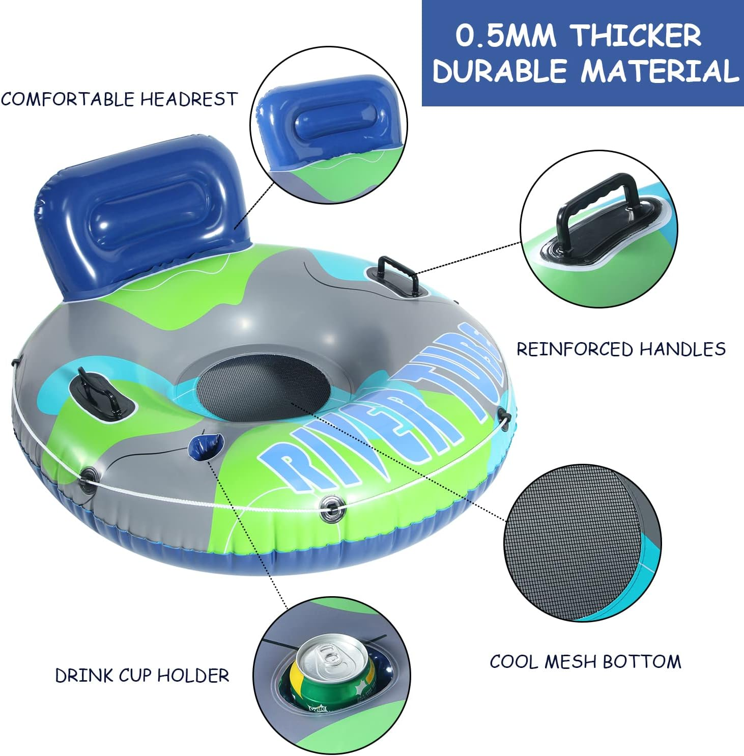 Finduwill Inflatable Pool Floats Chair - Large Pool Floaties River Tubes Water Chair Lounger for Adults with Mesh Bottom, Backrest, Cup Holder, Tubes for Floating River image number 1