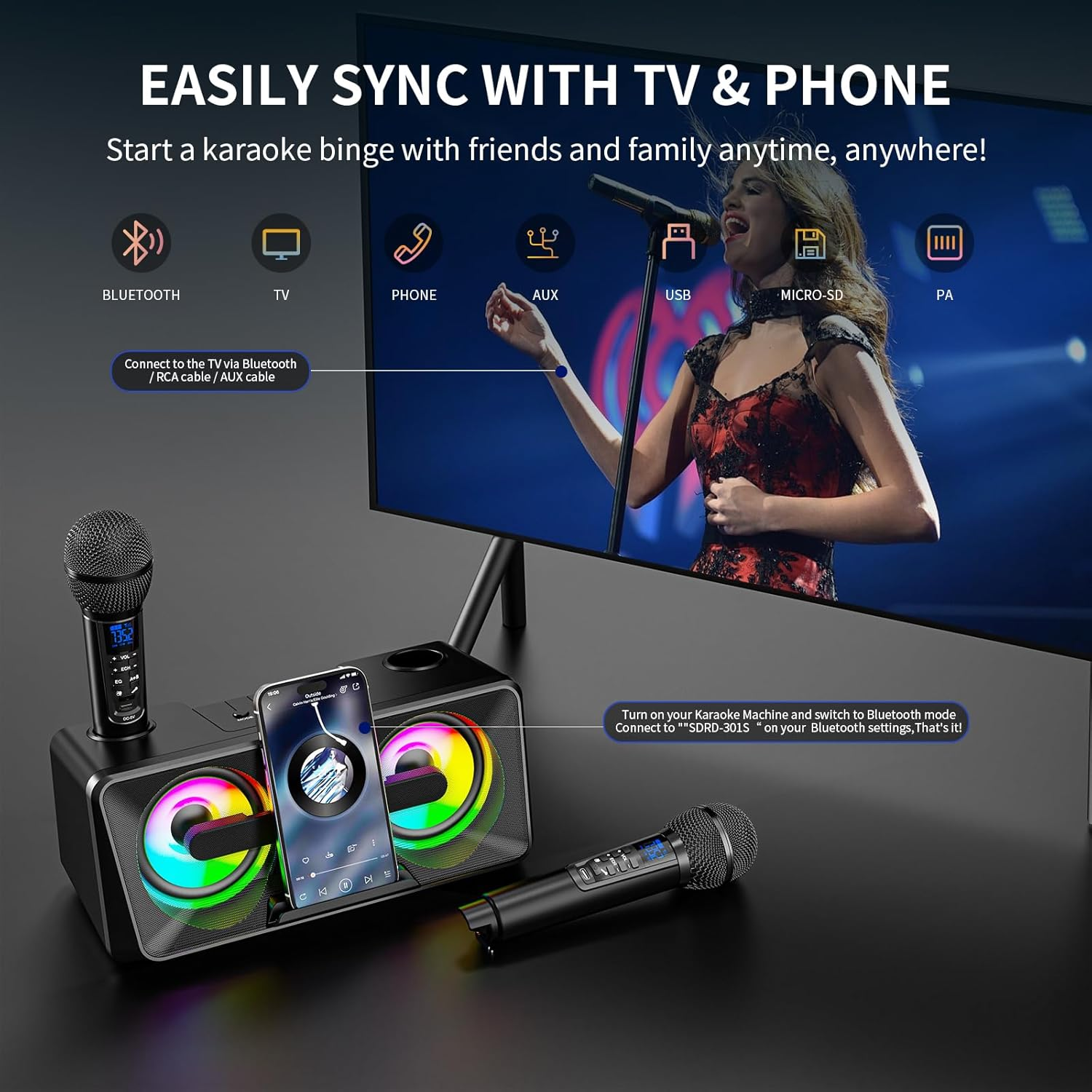 Karaoke Machine for Adults and Kids with 2 UHF Wireless Microphones,Portable Bluetooth Singing Speakers PA System with Disco Lights Phone Holder for Home Party, Picnic,Outdoor/Birthday Gifts image number 5