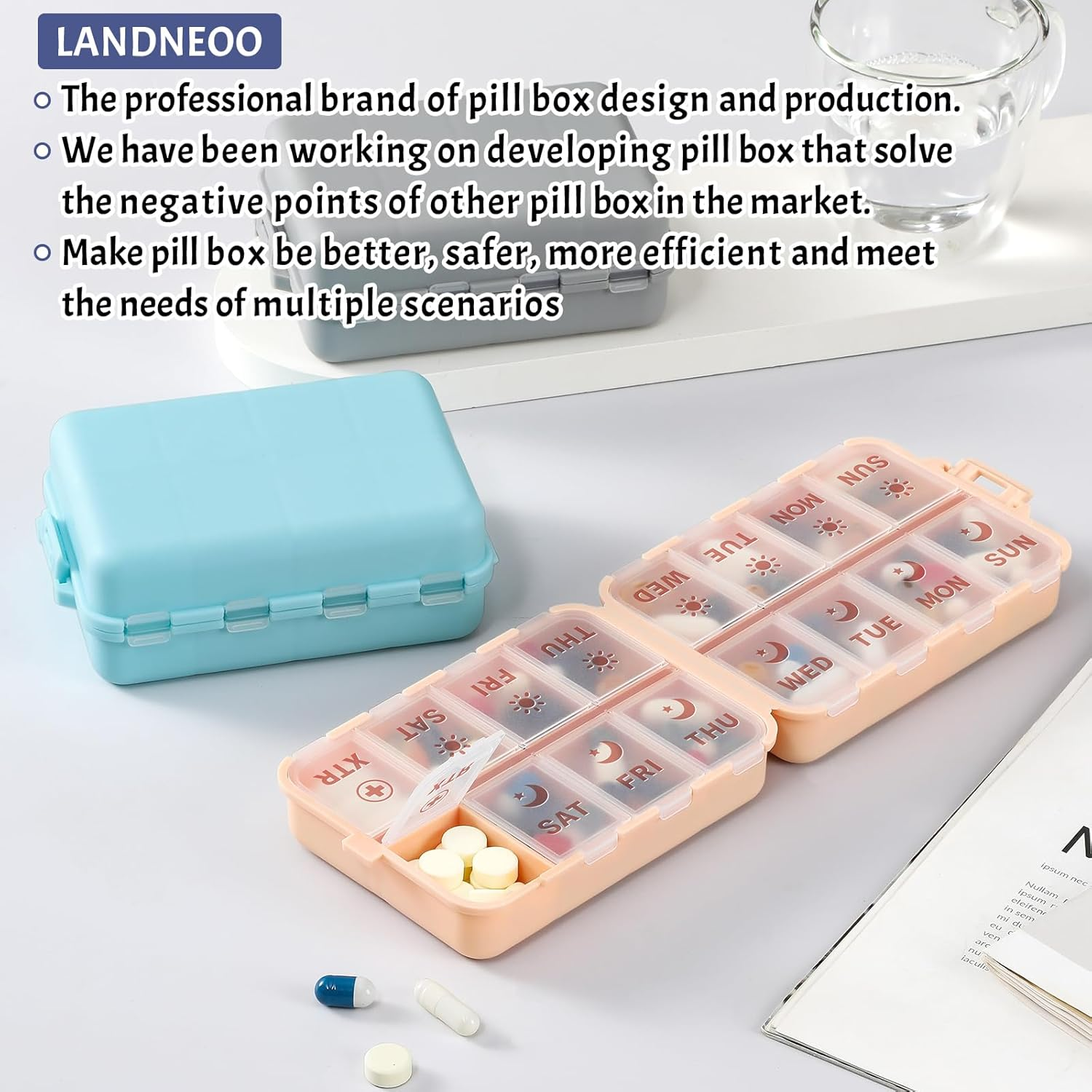 Foldable & Portable Pill Organizer 2 Times a Day with Extra Compartment - Etched Labels - Weekly 7 Day AM PM Medicine Box, Week Daily Travel Pill Case Holder Dispenser for Vitamin, Supplement - Khaki image number 6