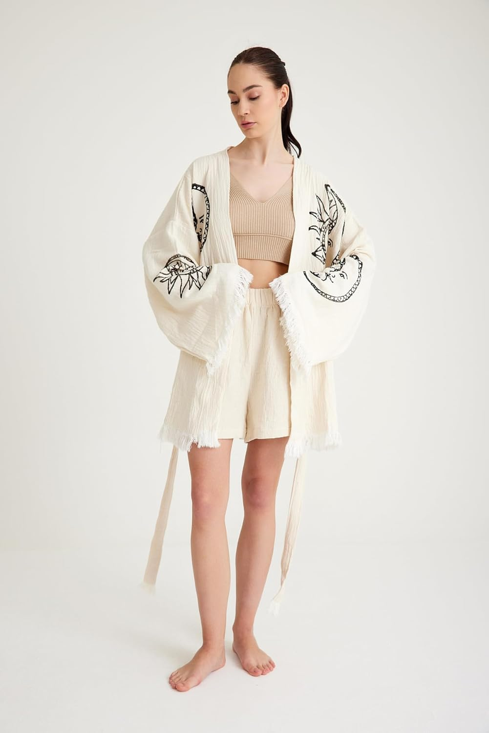 Barooga Beach Kimono Short Kaftan for Women &ndash; 100% Cotton Boho Cardigan, Open Front Kimono Robe, Sun & Moon Embroidered Beach Cover-Up, Spa Morning Robe, Bikini Swimsuit Cover-Up &ndash; Beige, One Size image number 3