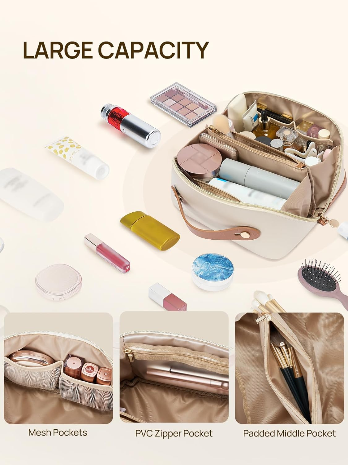 Telena Leather Make up Bag Portable Travel Makeup Bag Waterproof Cosmetic Bags for Women Large Capacity with Handle and Divider Open Flat, 0-Beige with Brown, Stylish - 0-Beige With Brown image number 2