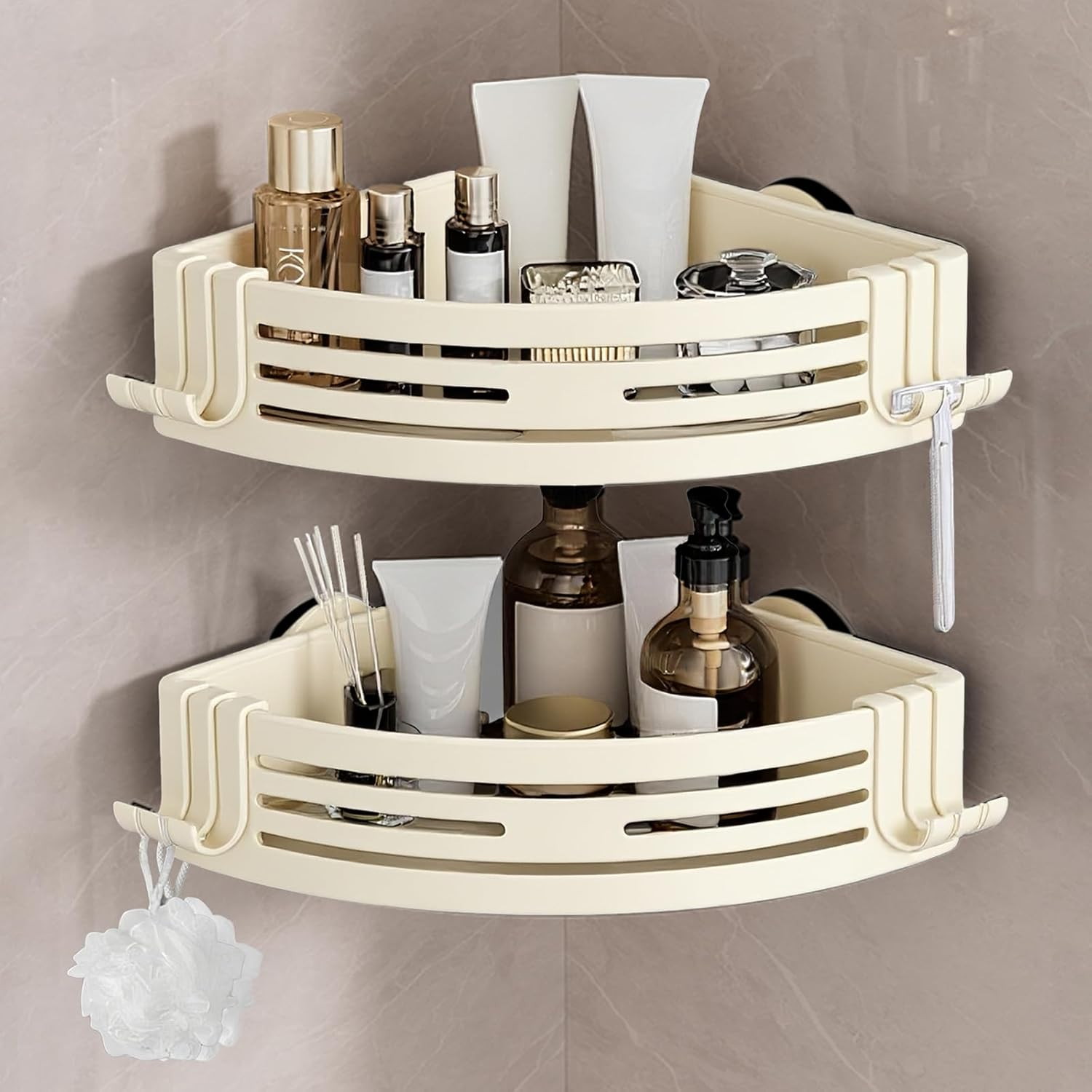 Lekesky Shower Shelf No Drilling Corner with Towel Rail - Strong Suction Cups, Removable, Aluminium & Rustproof - Bathroom Shelf Shower Shelf for Bathroom, Kitchen & Rental Apartment (Set of 2