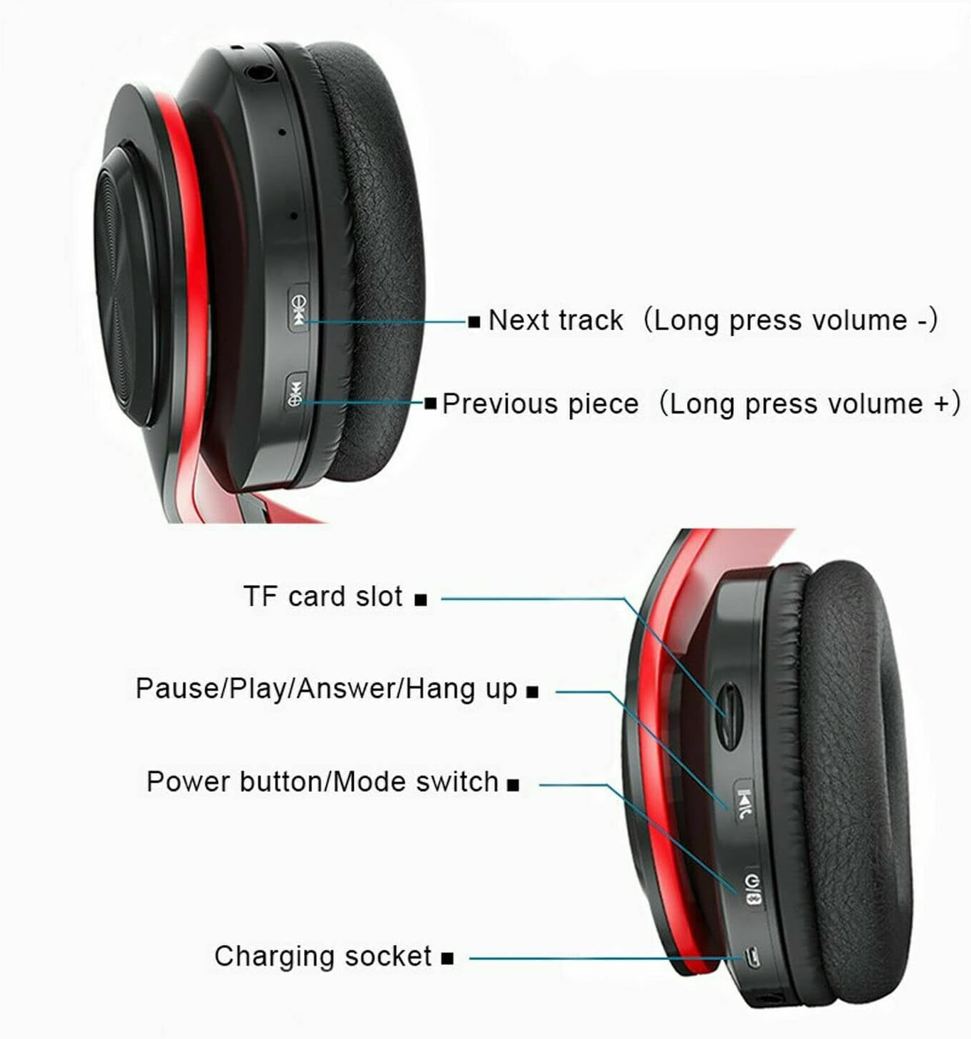 Bluetooth 5.0 Wireless Stereo Headphones Earphones for Ipad Phone Ios Android (Red) image number 3