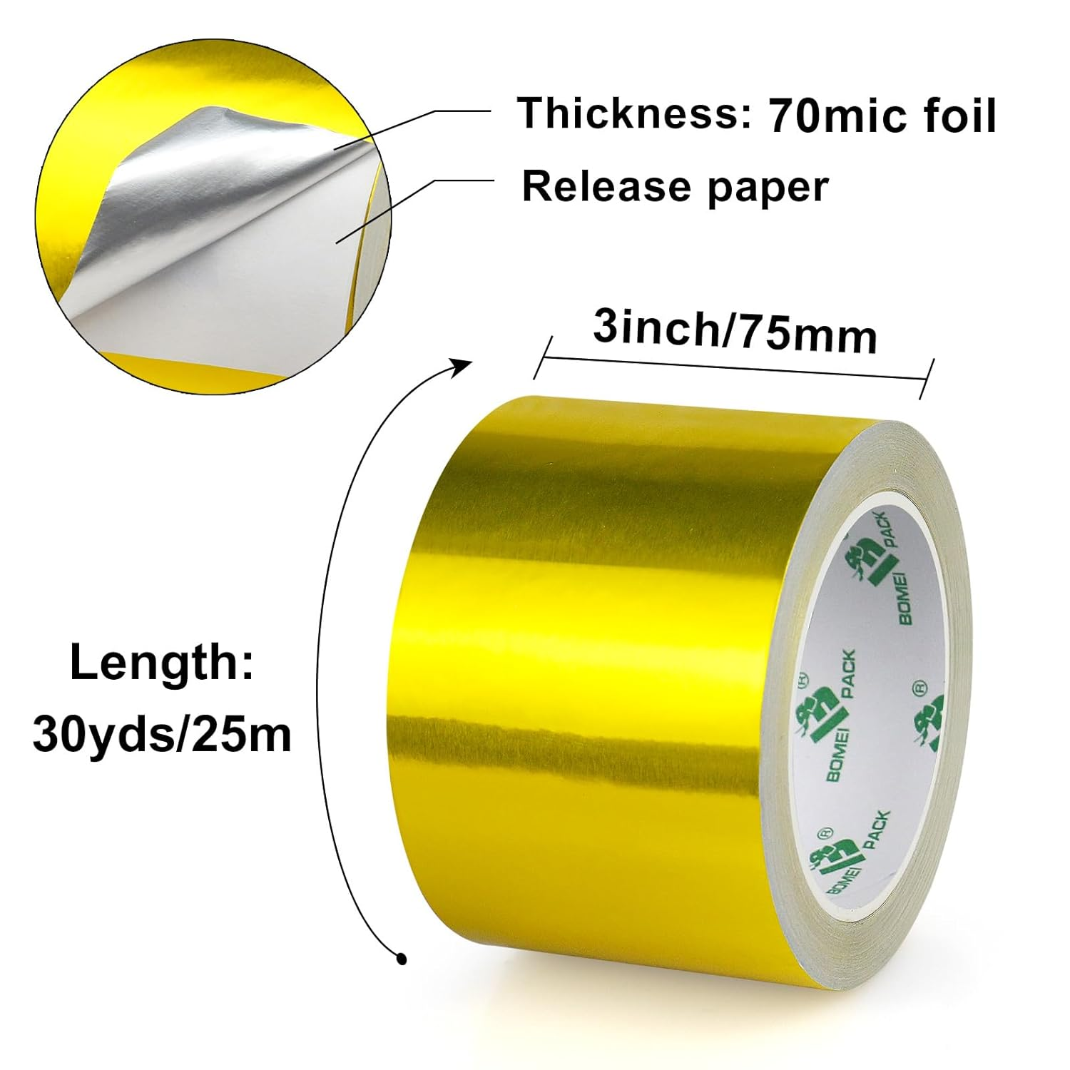 BOMEI PACK 1 Roll Gold Aluminum Foil Multi-Purpose Tape,Perfect for Sealing & Patching Pipe and Metal Repair, 75Mm X 25M image number 3