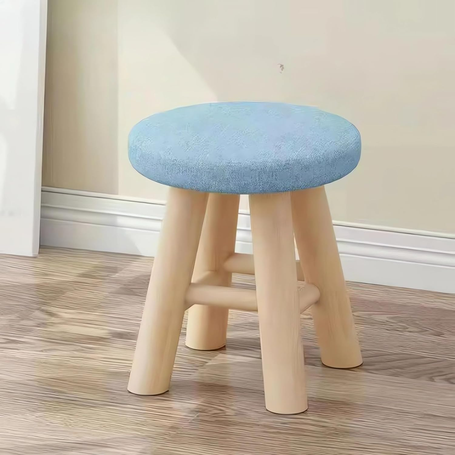 Round Padded Ottoman Stool, 26 X 28 Cm, Wooden Legs, Grey/Blue and Green A268 (Green)