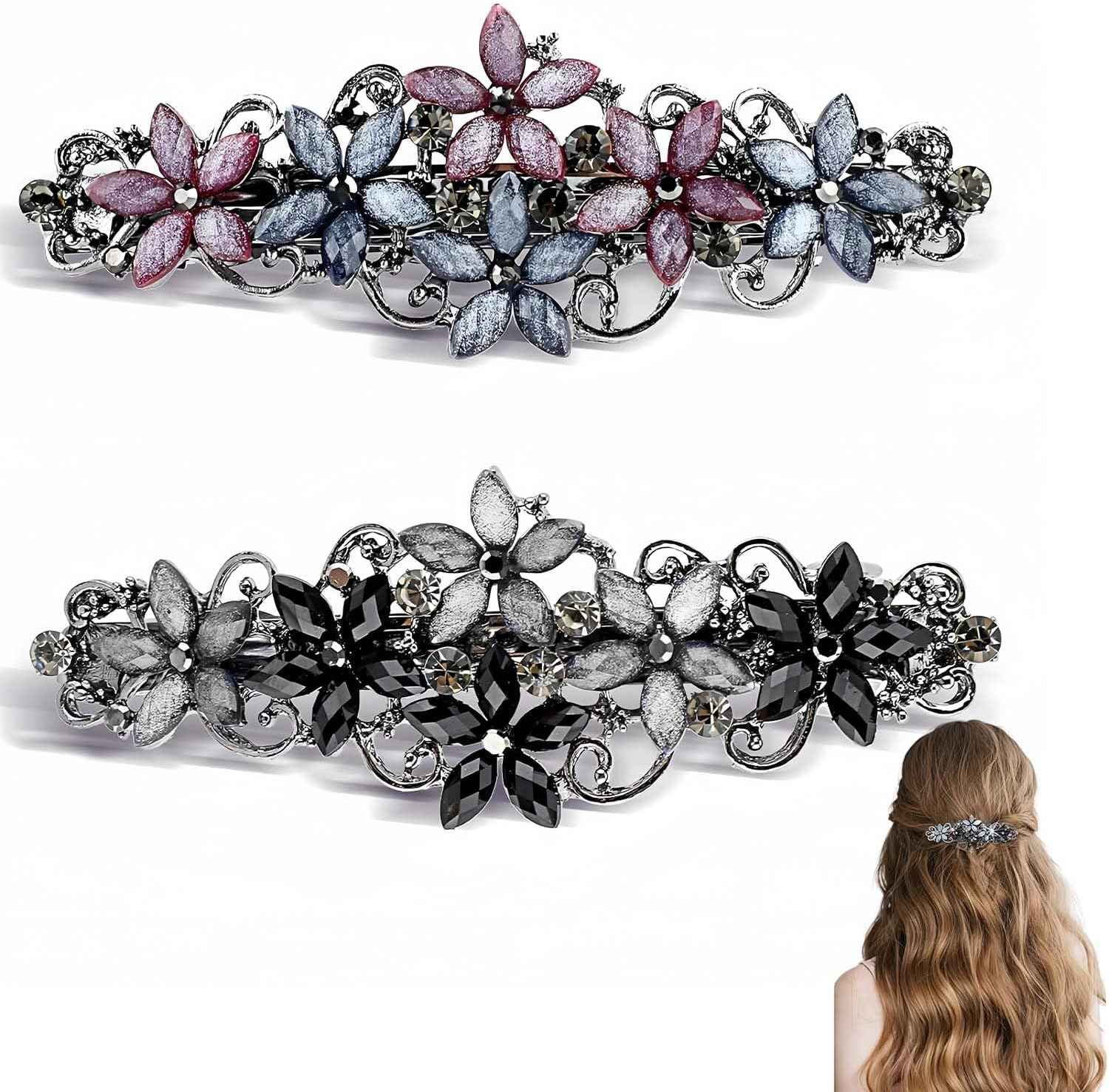 2 Pieces Elegant Hair Clips for Women and Girls - Crystal Flower Glitter Clip and Exquisite Vintage French Hair Accessories (Blue Pink/Black Grey) image number 6