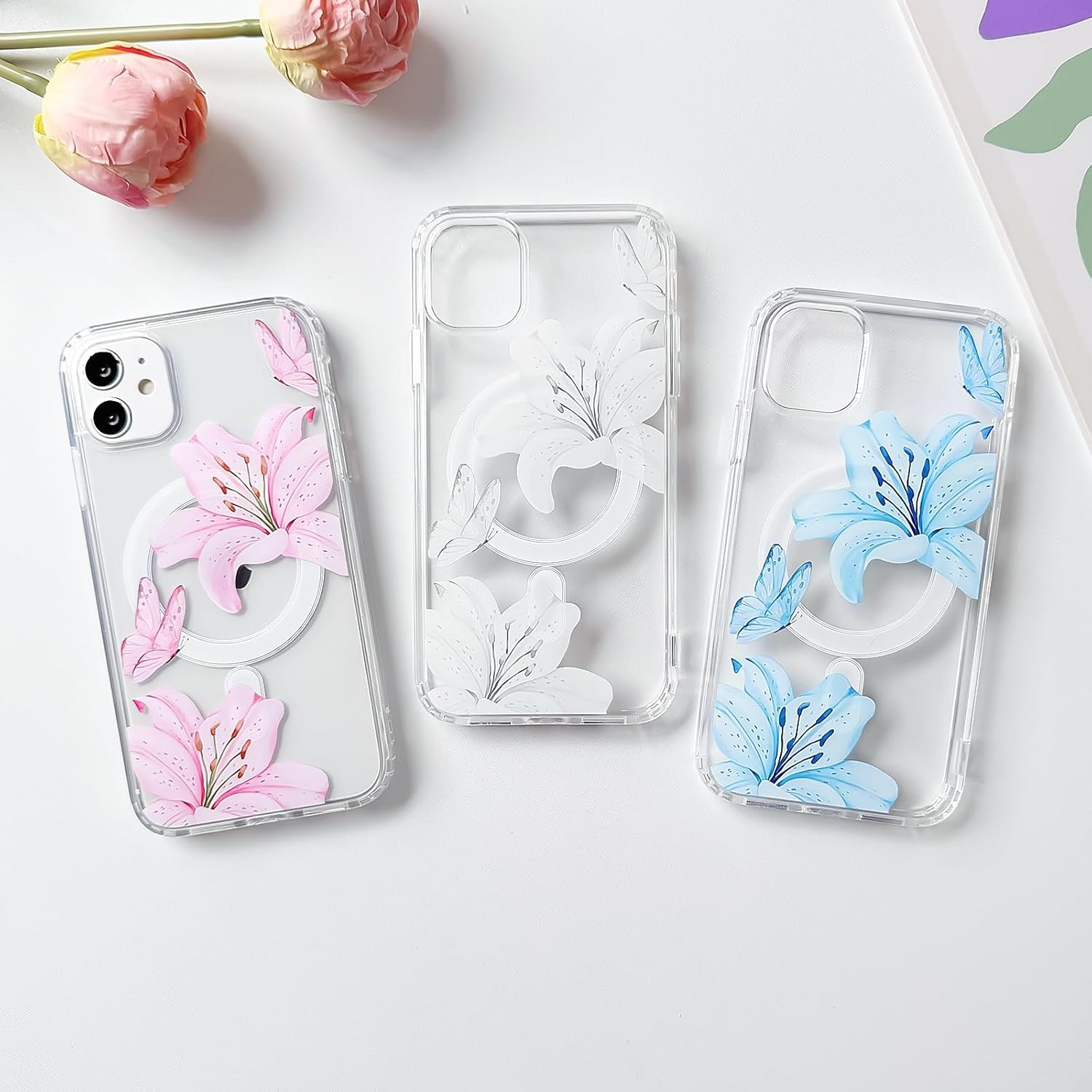 NITITOP Compatible with Iphone 11 Case Clear Magnetic Compatible with Magsafe Cute Lily Flowers Floral for Women Girls Hard PC Back Shockproof Protective Phone Cover - Pink