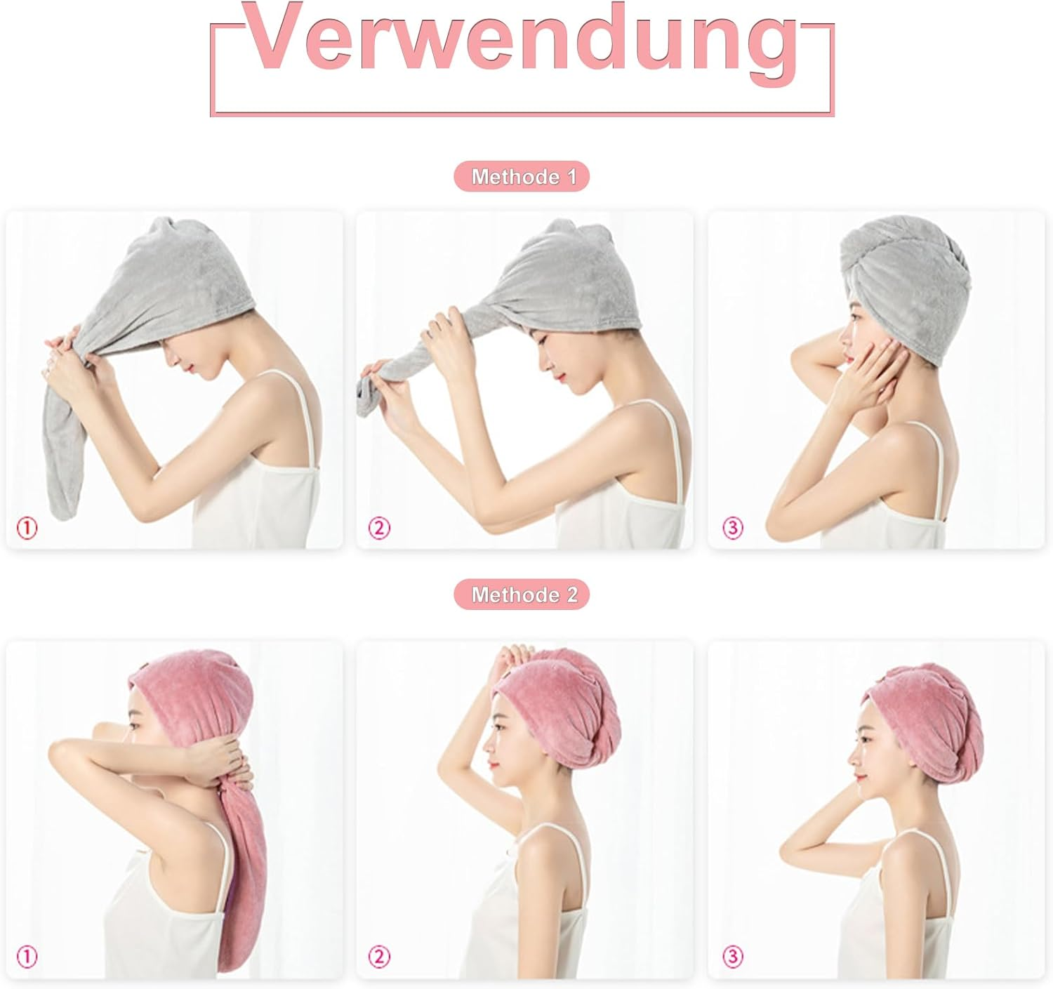 Huotflame Microfibre Hair Turban Set of 2 - Super Absorbent & Quick-Drying Women'S Towel Turban for Hair - Coral Fleece Head Towel with Button in Pink & Grey - 25 X 65 Cm Microfibre Towel image number 3