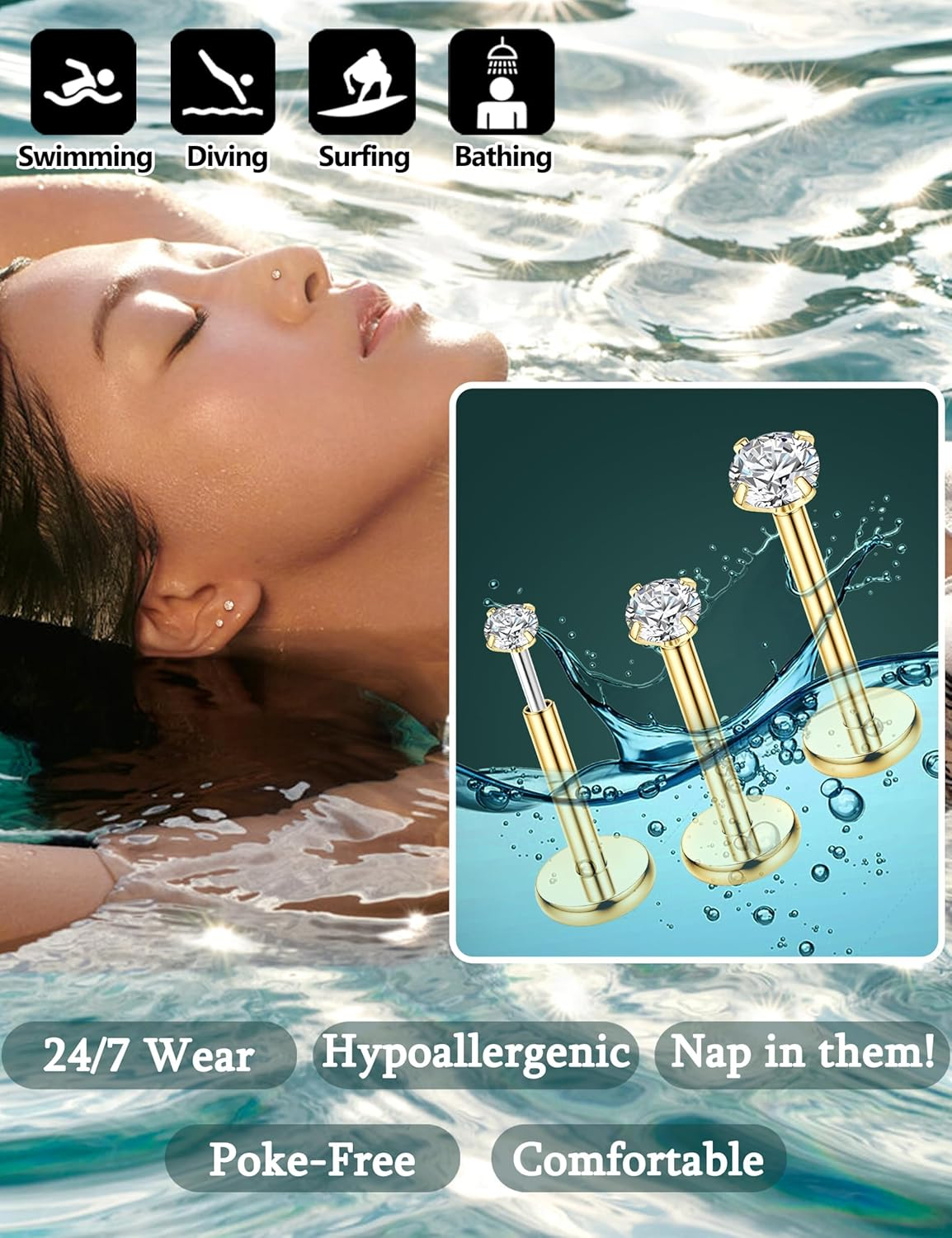 Kakonia 14K Gold Filled Threadless Nose Studs CZ Nose Rings for Women Men 316L Surgical Steel Labret Studs Lip Rings Push in Flat Back Stud Earrings CZ Nose Nostril Tragus Helix Piercing Jewelry 16G image number 4