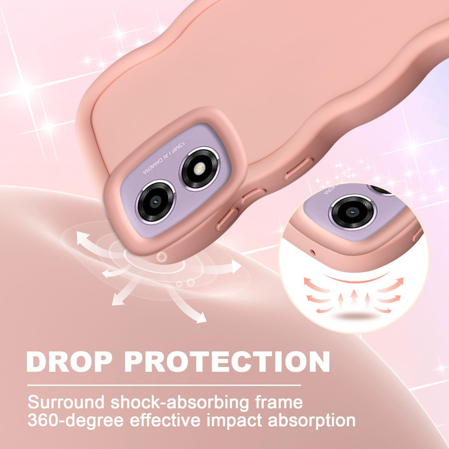 XINYEXIN Liquid Silicone Case for Motorola Moto E14 / Moto G24 / Moto G04, Wave Frame Curly Shape Cute Protective Case Soft Shockproof Bumper Cover - Pink - Black image number 4