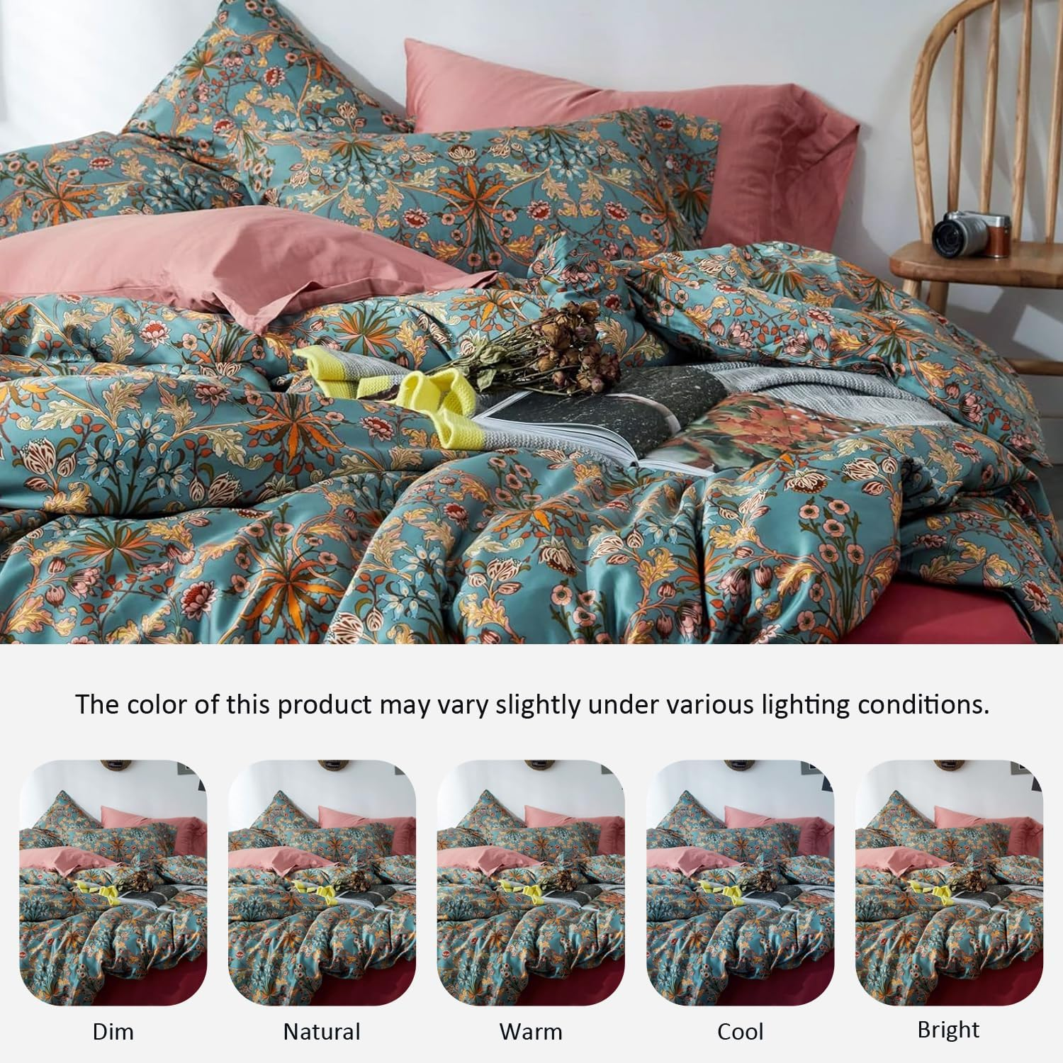 Mixinni Vintage Style Garden Flower Duvet Cover Set with Zipper Closure Long Staple Percale Cotton Yellow Vibrant Pattern on Blue Bedding Quilt Cover Set(King, All Season)