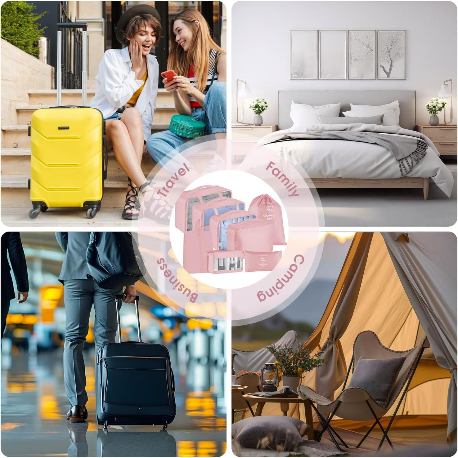 8PCS Packing Cubes for Travel, Luggage Organizer Bags with Shoe & Laundry Bag, Mesh Travel Essentials Bags, Durable & Lightweight Various Sizes Suitcases Packing Organisers (Pink, Set of 8) - Beige image number 4