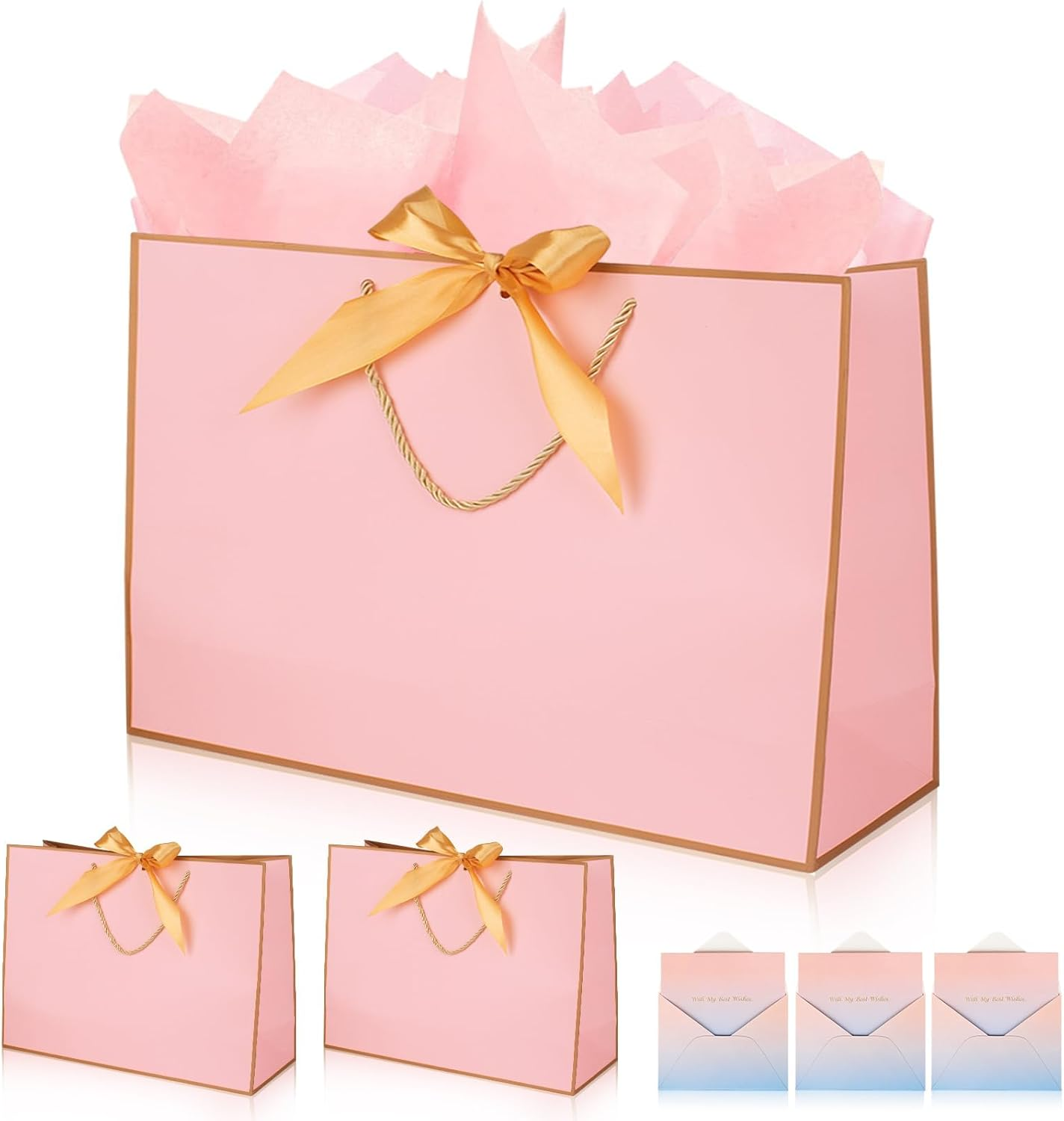 Oundarm 3 Pack 43 X 32 X 14CM Extra Large Bow Pink Gold Gift Bags with Greeting Cards＆Tissue Paper, Large Gift Bags for Presents with Handles for Mothers Day Valentines Day Bridesmaid Wedding Birthday