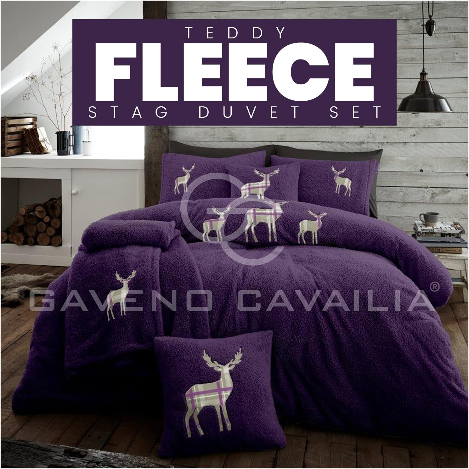 Gaveno Cavailia Easy Care Embroidered Stag Teddy Duvet Cover with Matching Pillow Cases, Fluffy Thermal Quilt Set, Super Soft & Cosy Linen, Purple, Double Size Bedding, 100% Polyester