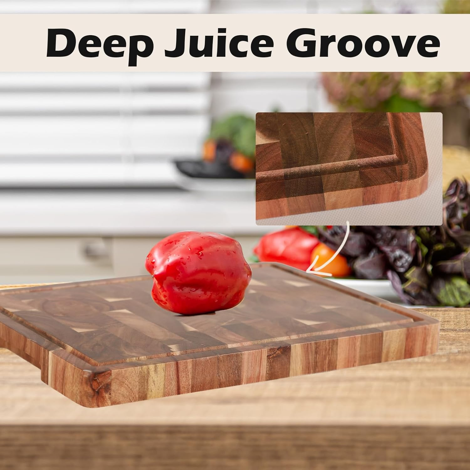Bierofaro Thick End Grain Acacia Wood Cutting Board, Reversible Wooden Chopping Board with Non-Slip Feet, Built-In Handles and Juice Groove,35 * 25 * 2.8Cm image number 6