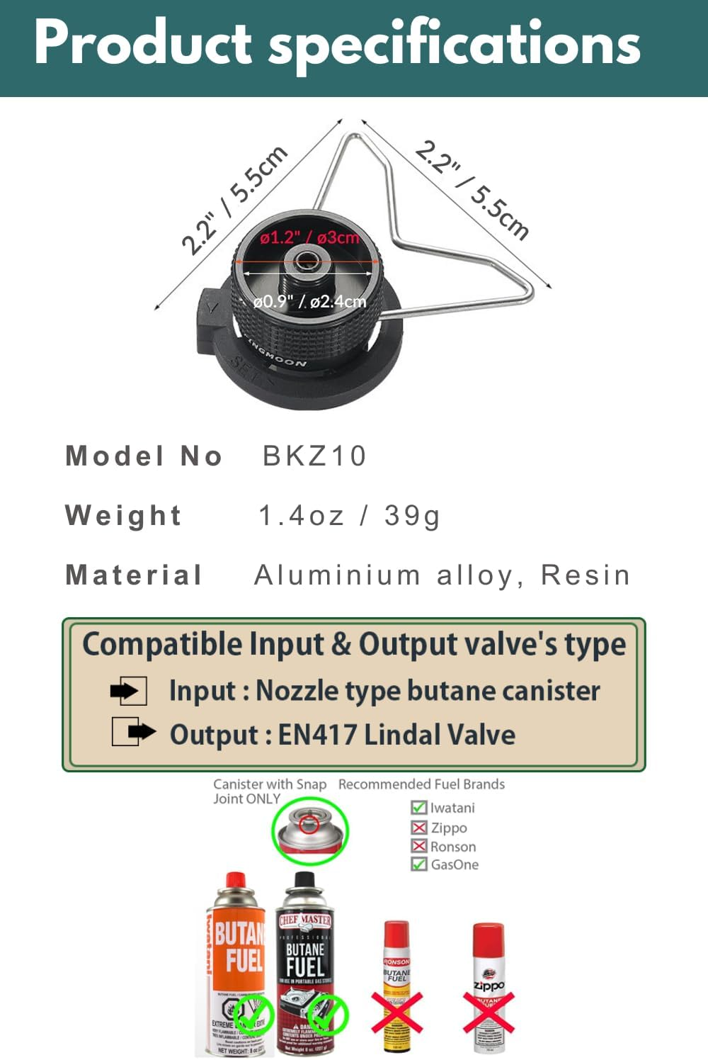 CAMPINGMOON Butane Adapter for Nozzle Type Butane Camping Canister Black BKZ10 image number 3
