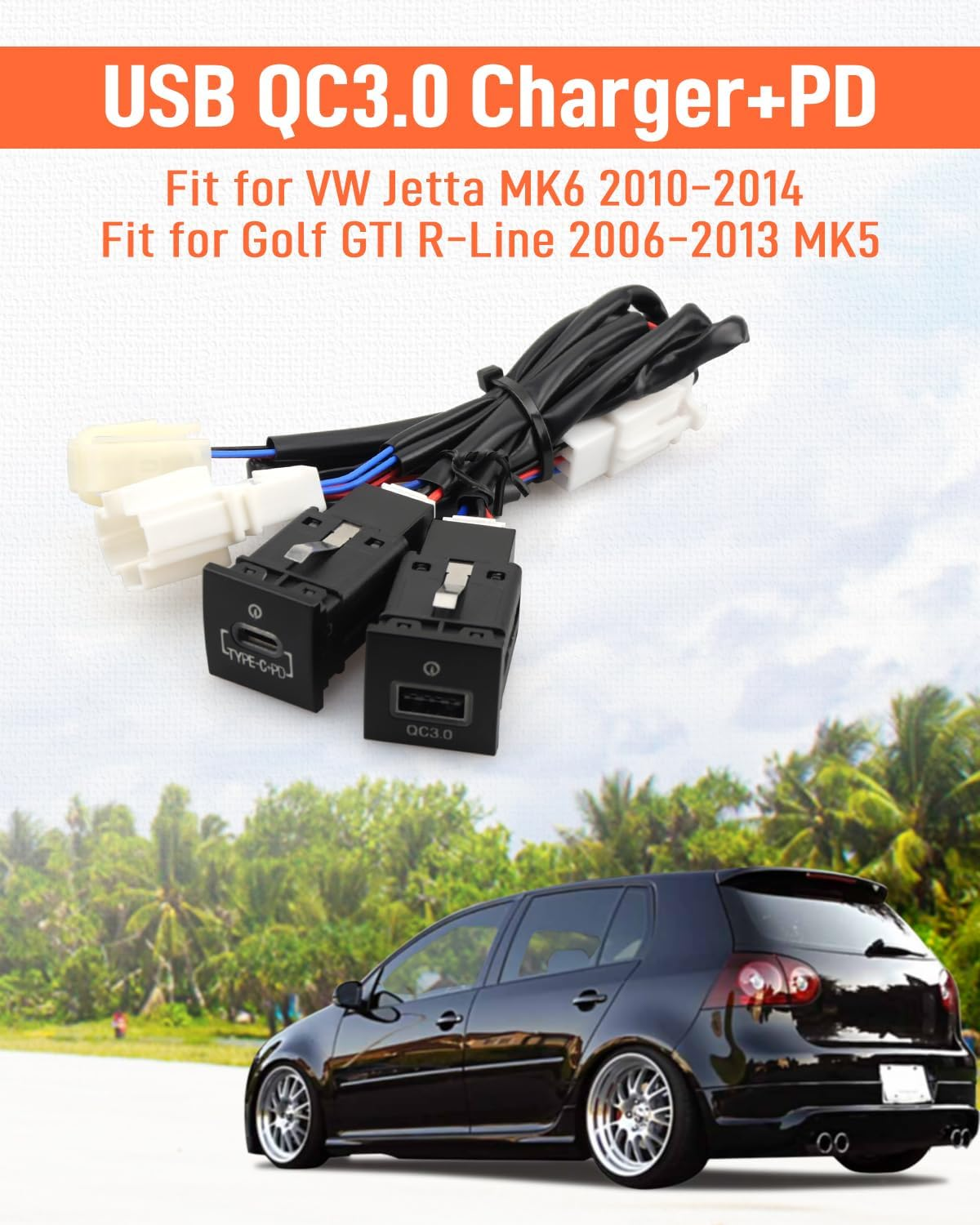 USB-C PD Charger for VW Golf GTI R-Line MK5 MK6, Jetta MK6, Scirocco, Touran 2006-2015 - Dual USB QC3.0 Charger with Quick Charge 3.0 Technology image number 4