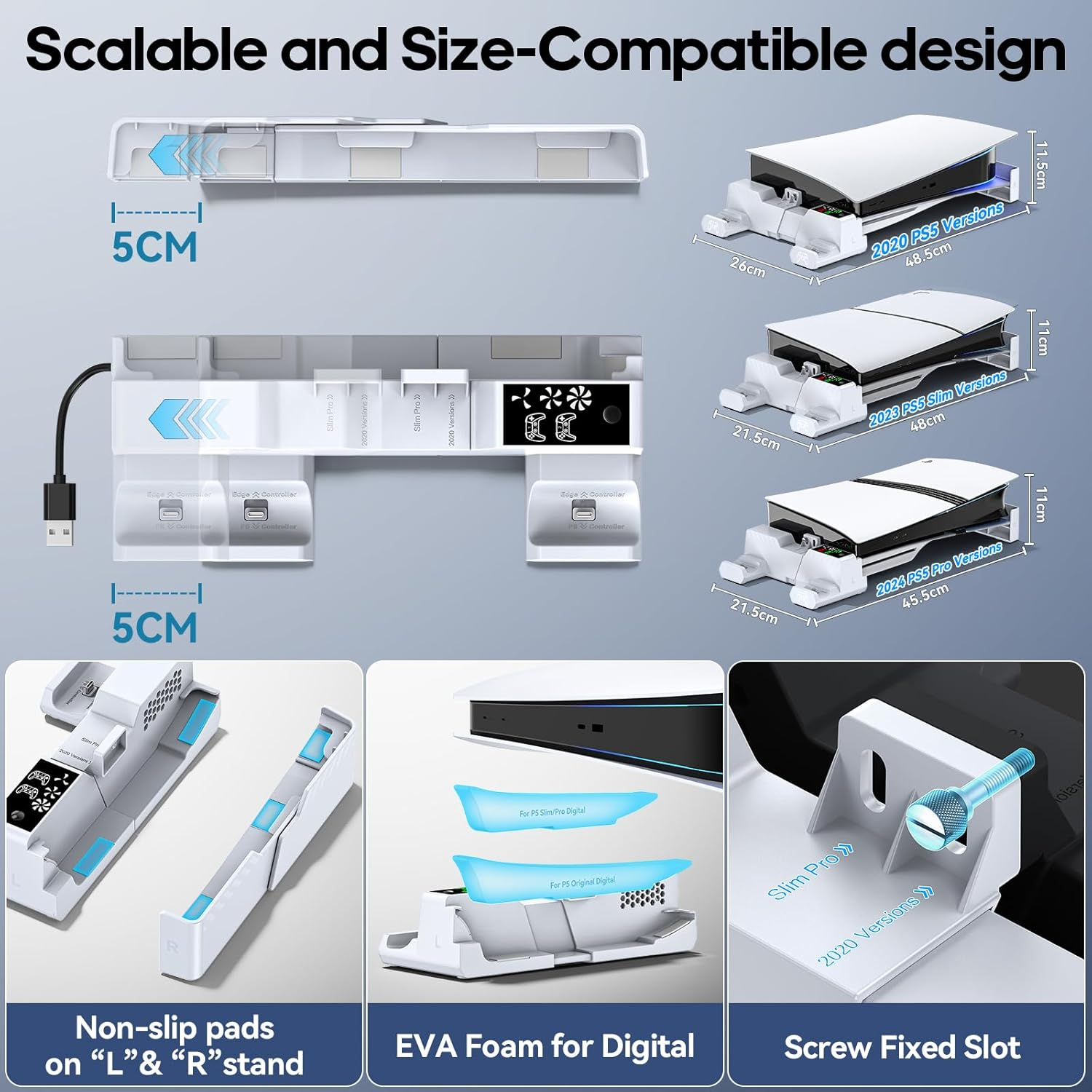 PS 5/Slim/Pro Horizontal Stand with Cooling Fan & PS 5 Controller Charger for Original & Edge Controllers, P S5 Cooling Stand with Scalable Design & EVA Foams for All P S5 Disc & Digital Console, White