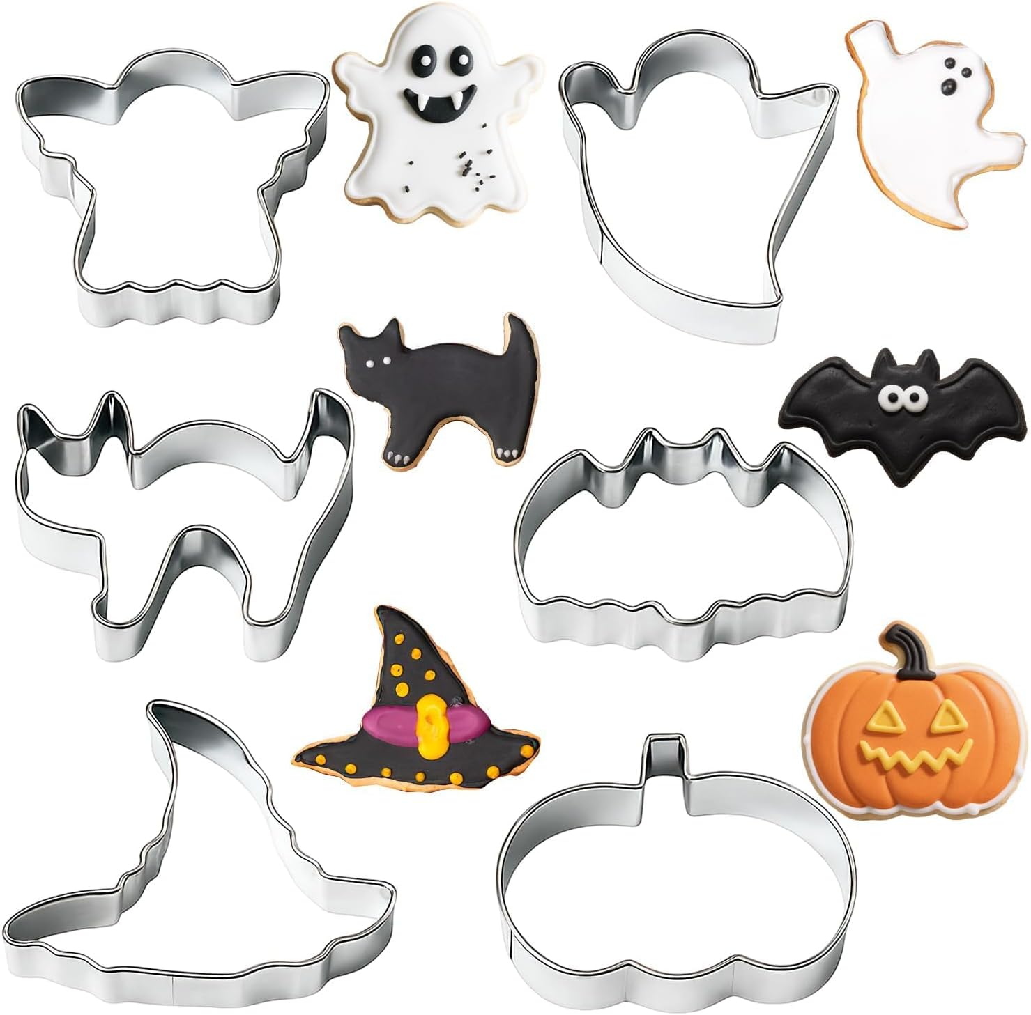 Halloween Cookie Cutters Set Large, 6 Pack Premium Stainless Steel Metal Cookie Cutters, Witch'S Hat, Pumpkin, Ghost, Bat, Tombstone and Cat Halloween Cookie Cutter (Silver) image number 1