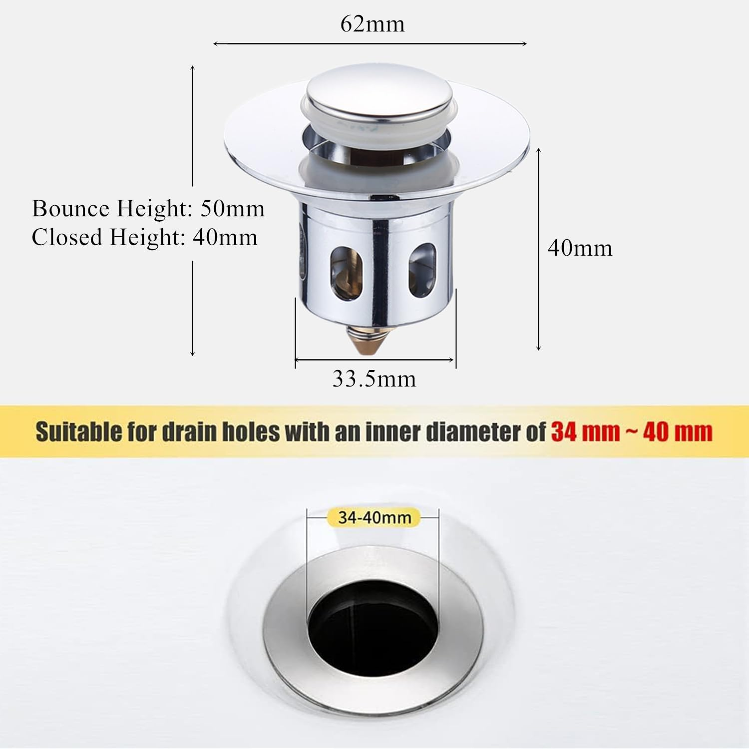 Universal Bathroom Sink Plugs, Sink Strainer Stopper for 33-38Mm Drain Holes, Stainless Steel Sink Stopper Replacement for Kitchen Bathroom Washbasin Bath (Silver)