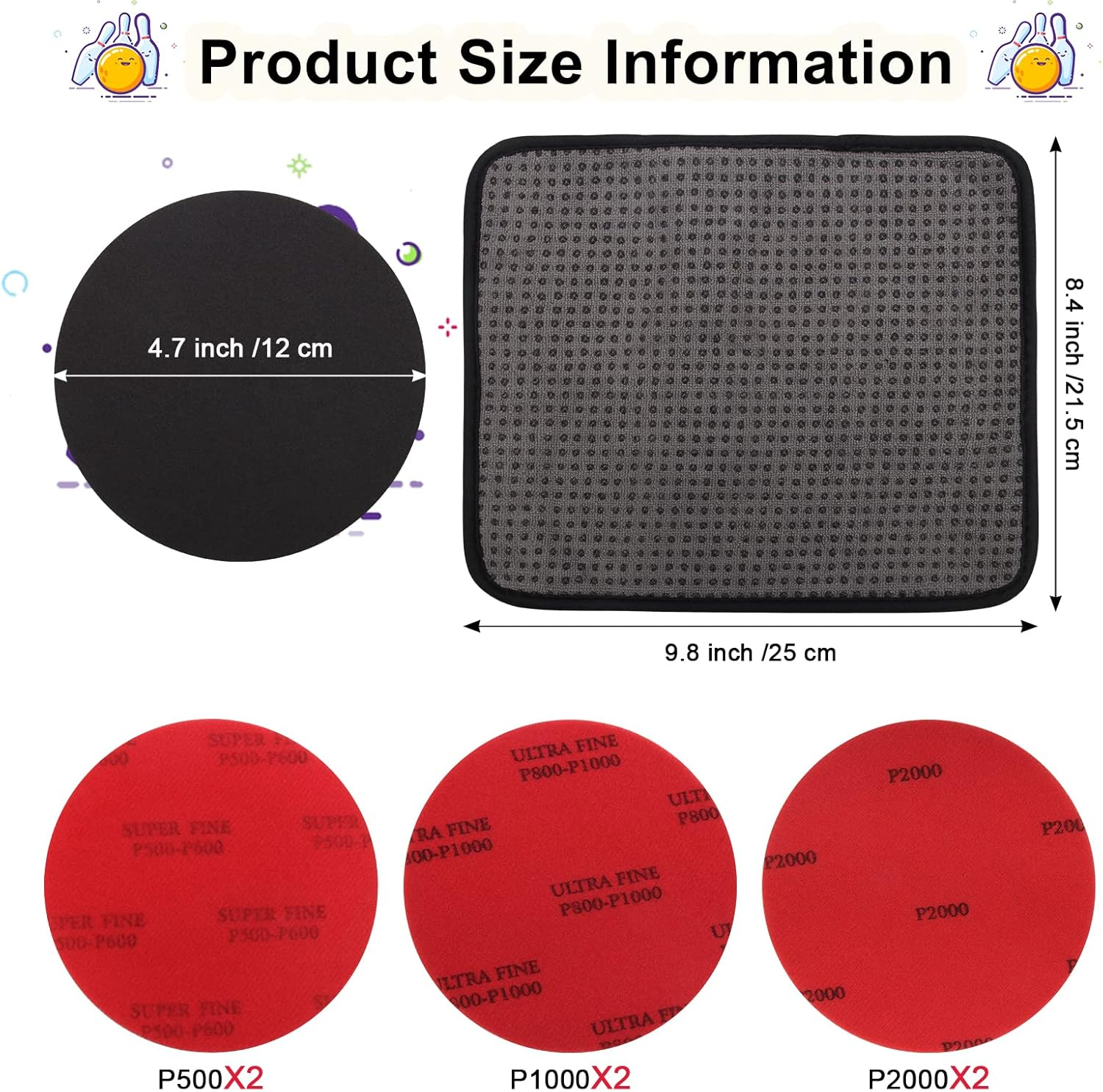 Windspeed 6+1 Pack Bowling Ball Sanding Pads with Bowling Towels, Bowling Ball Cleaning Pad 500/1000/2000 Bowling Ball Grit Pads image number 3
