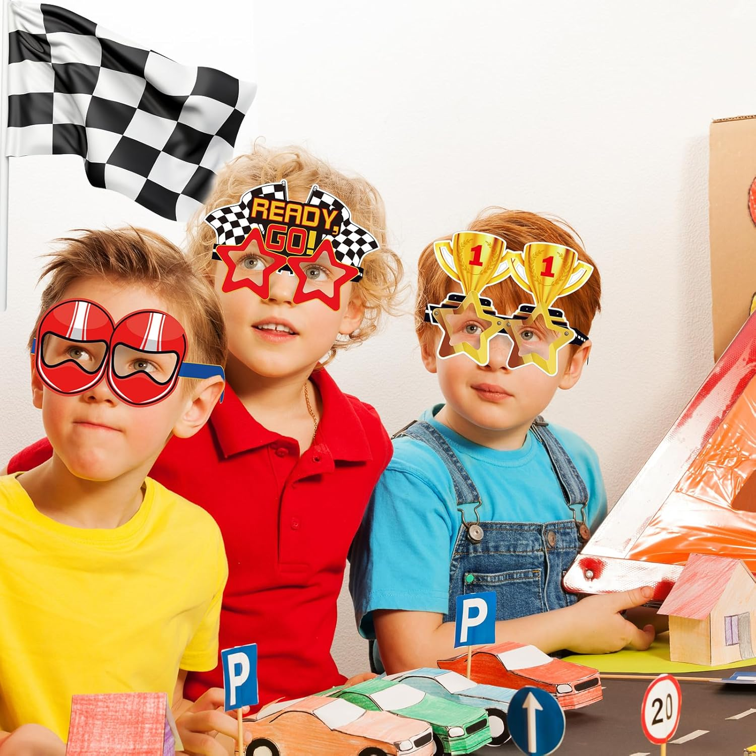 32 Pcs Race Car Party Decorations Racing Paper Glasses Frame Trunk Car Theme Eyeglasses Racing Car Photo Booth Props for Boys Race Car Birthday Party Baby Shower Favors Supplies image number 3