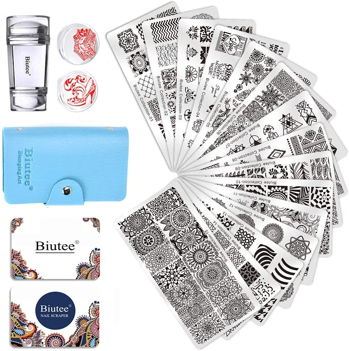 Biutee 19Pcs Nail Stamp Plates Set 15 Plate 1 Stamper 2 Scraper 1 Storage Bag Nails Art Stamping Plate Scraper Stamper Set Leaves Flowers Animal Nail Plate Template Image Plate image number 4