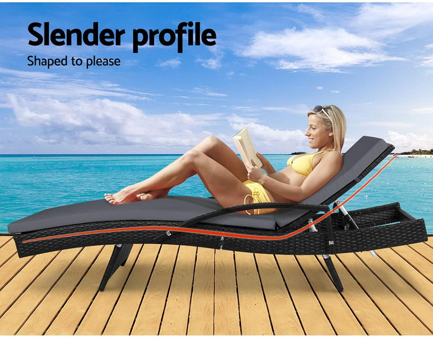 Gardeon Set 2 Sun Lounge Camping Chair Wicker Lounger Rattan Day Bed, Chaise Beach Chairs Outdoor Furniture Garden Patio Setting Pool Backyard, Cushion Armrest Adjustable Backrest Black image number 6