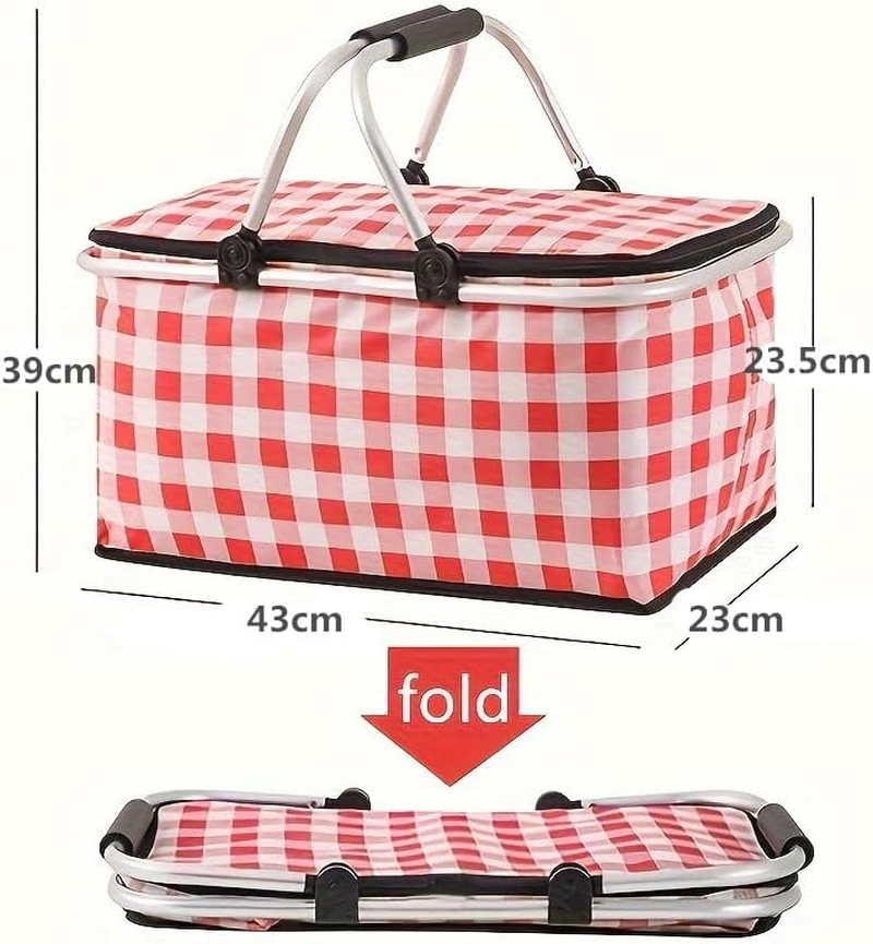 Insulated Cooler Bag-Folding Picnic Basket with Handle，Waterproof Lining - Collapsible Designfor Camping, Trips, Shopping, Outdoor Activities (Red) image number 2