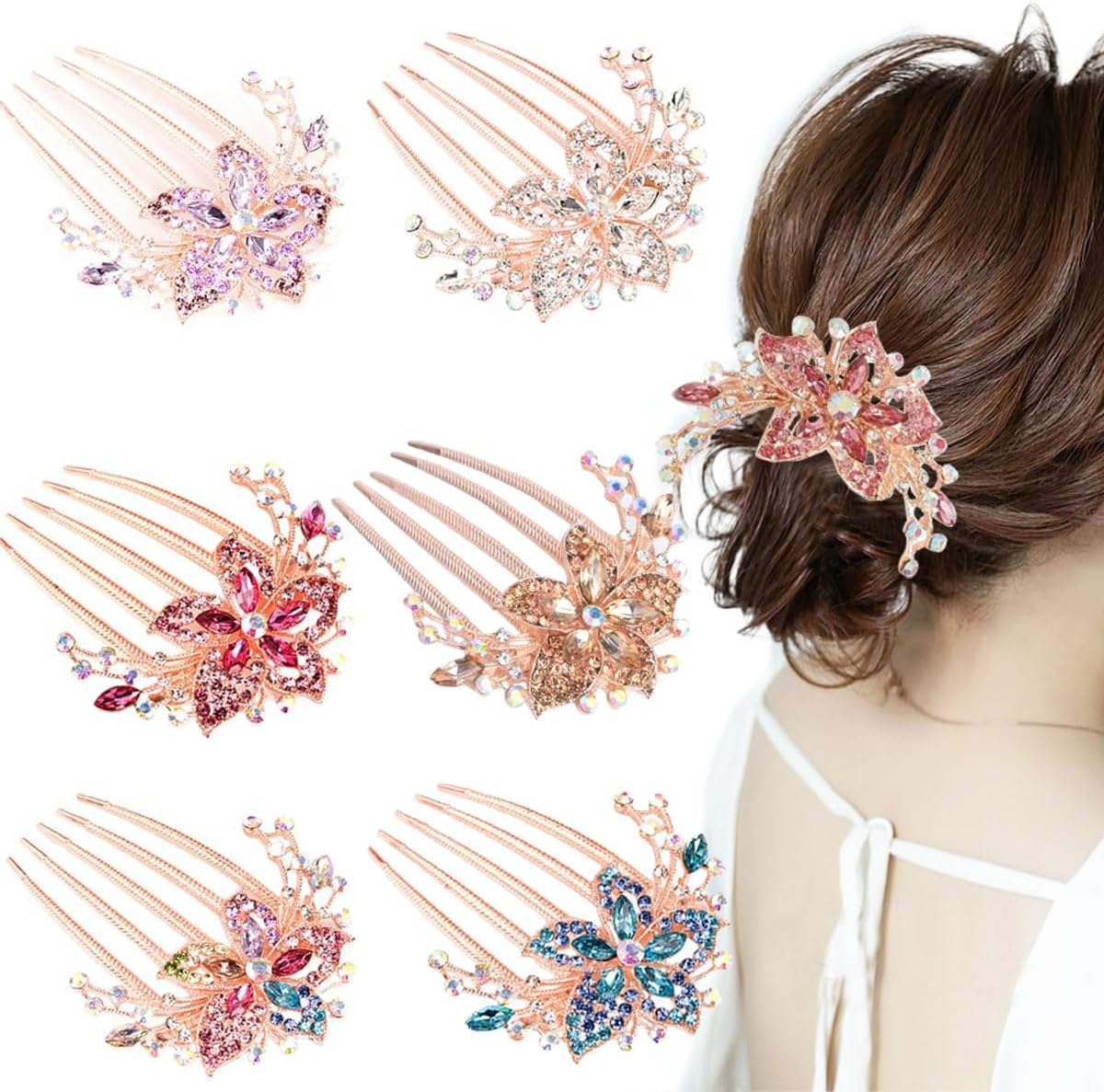 Kuuguu Flower Bridal Combs, Floral Side Combs Crystal Rhinestones Wedding Hair Accessories for Women, 4 PCS image number 5