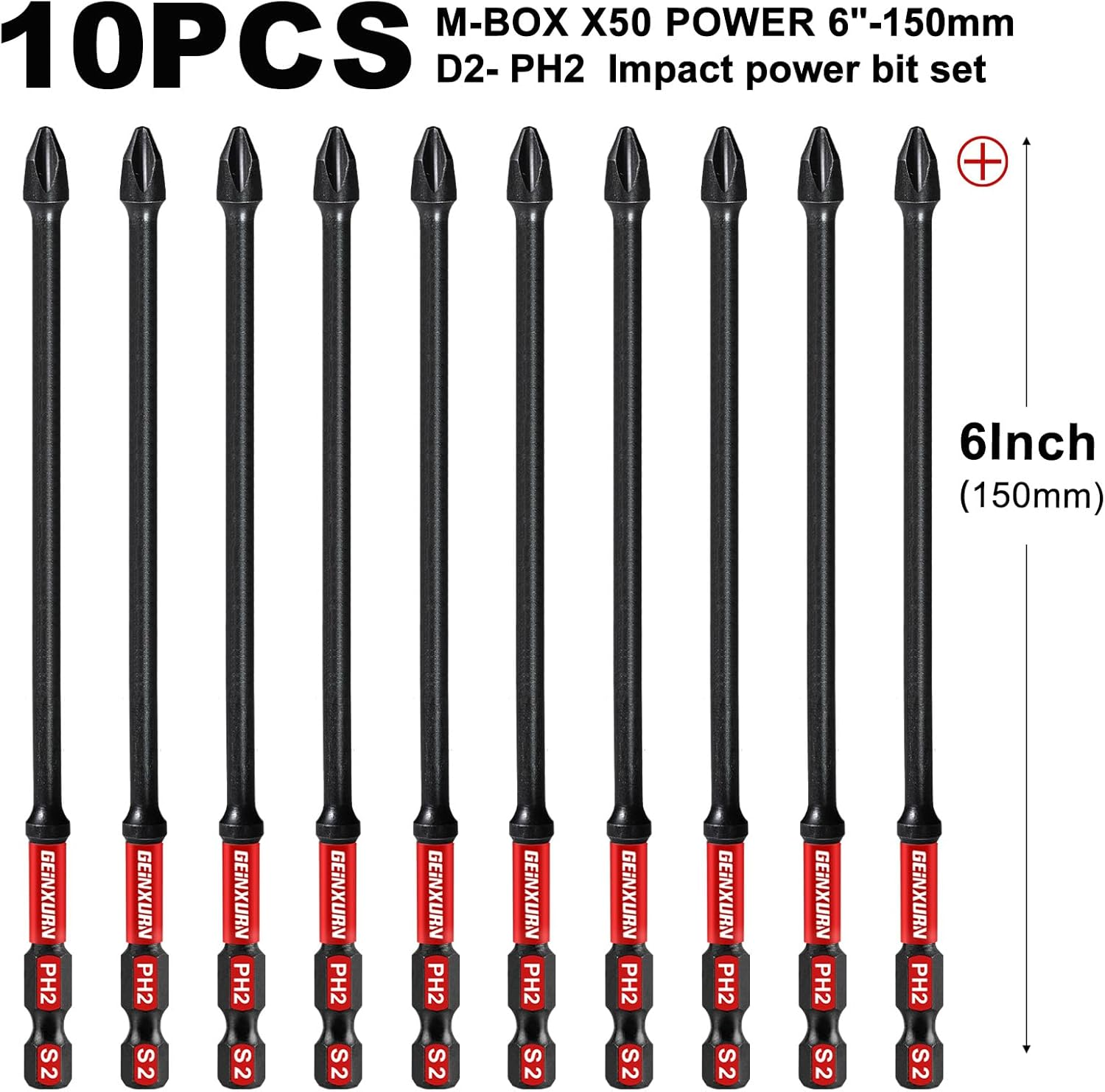 Impact Tough 6 In. #2 Phillips Screwdriver Bits Set,10 Pack Magnetic D2 Steel Long Cross PH2 Power Driver Bits with Storage M-Box image number 2