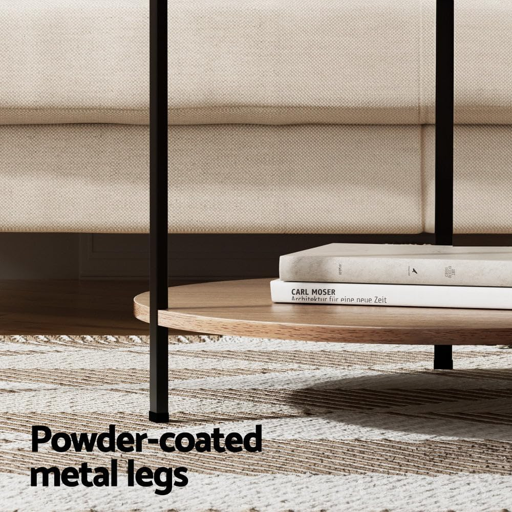 Artiss 60 CM round Coffee Table, Sofa Side for Living Room & Home Office, Marble Effect Modern End Bedside 60CM Black Metal Frame White MDF Top with 2-Tier Coffee Table Storage image number 4