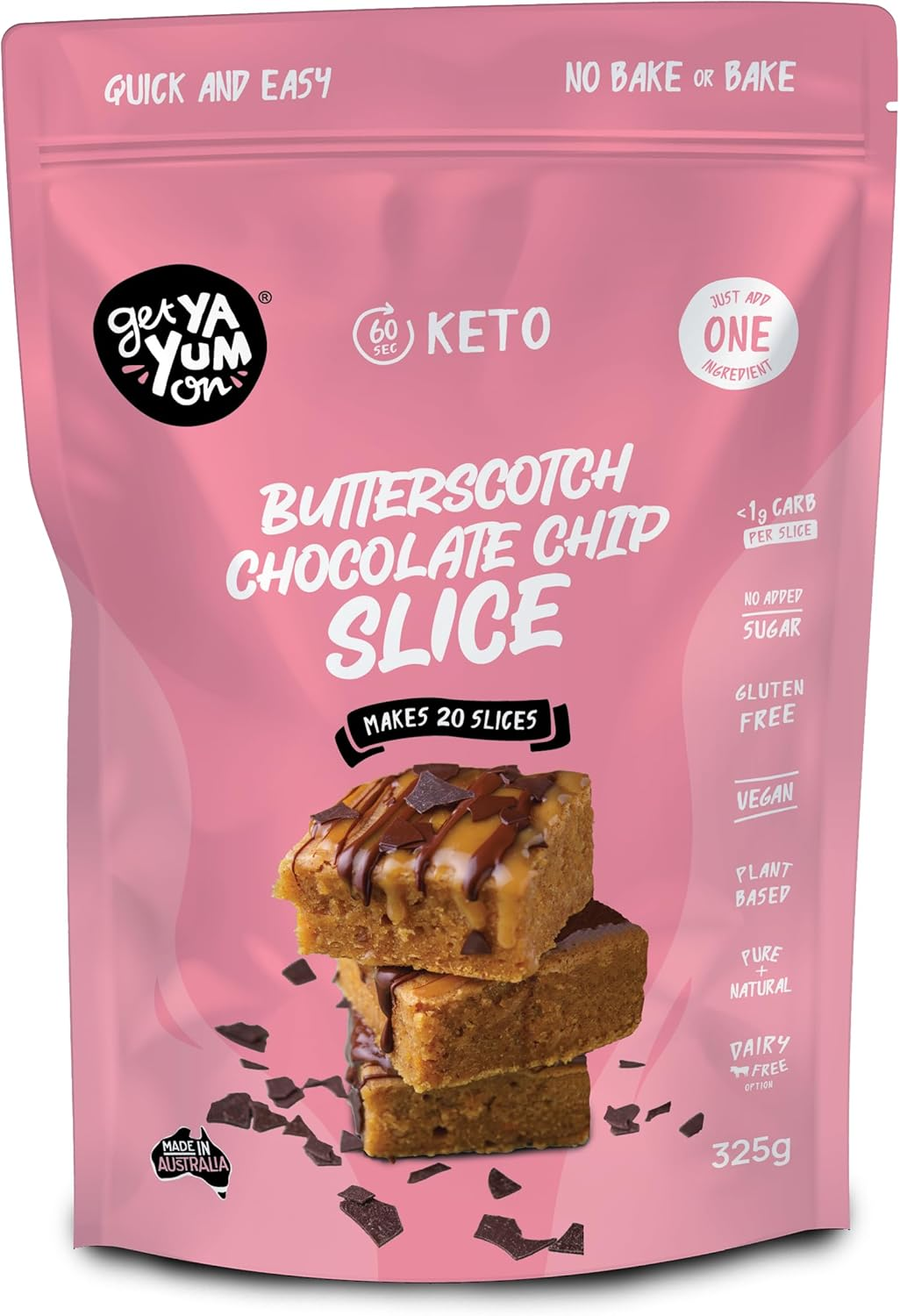 Get Ya Yum on 60 Second Butterscotch Chocolate Chip Slice (NO BAKE or BAKE) 325G VALUE PACK: SUGAR FREE, LOW CARB (KETO FRIENDLY) GLUTEN FREE, VEGAN FRIENDLY, PLANT BASED image number 2