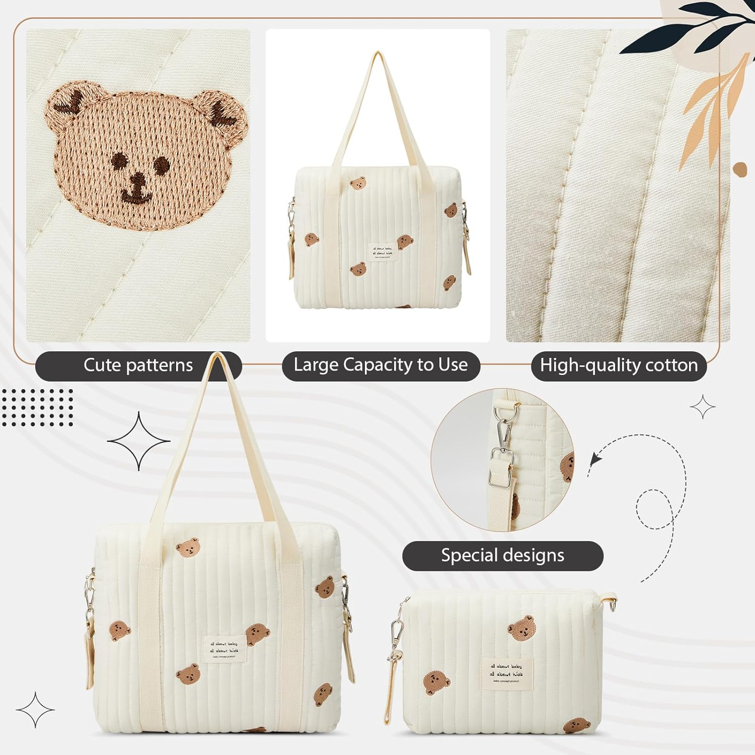 2 Pcs Diaper Bag Tote for Baby Small Multifunction Maternity Bag Quilted Cotton Cute Stroller Storage Bag Travel image number 3